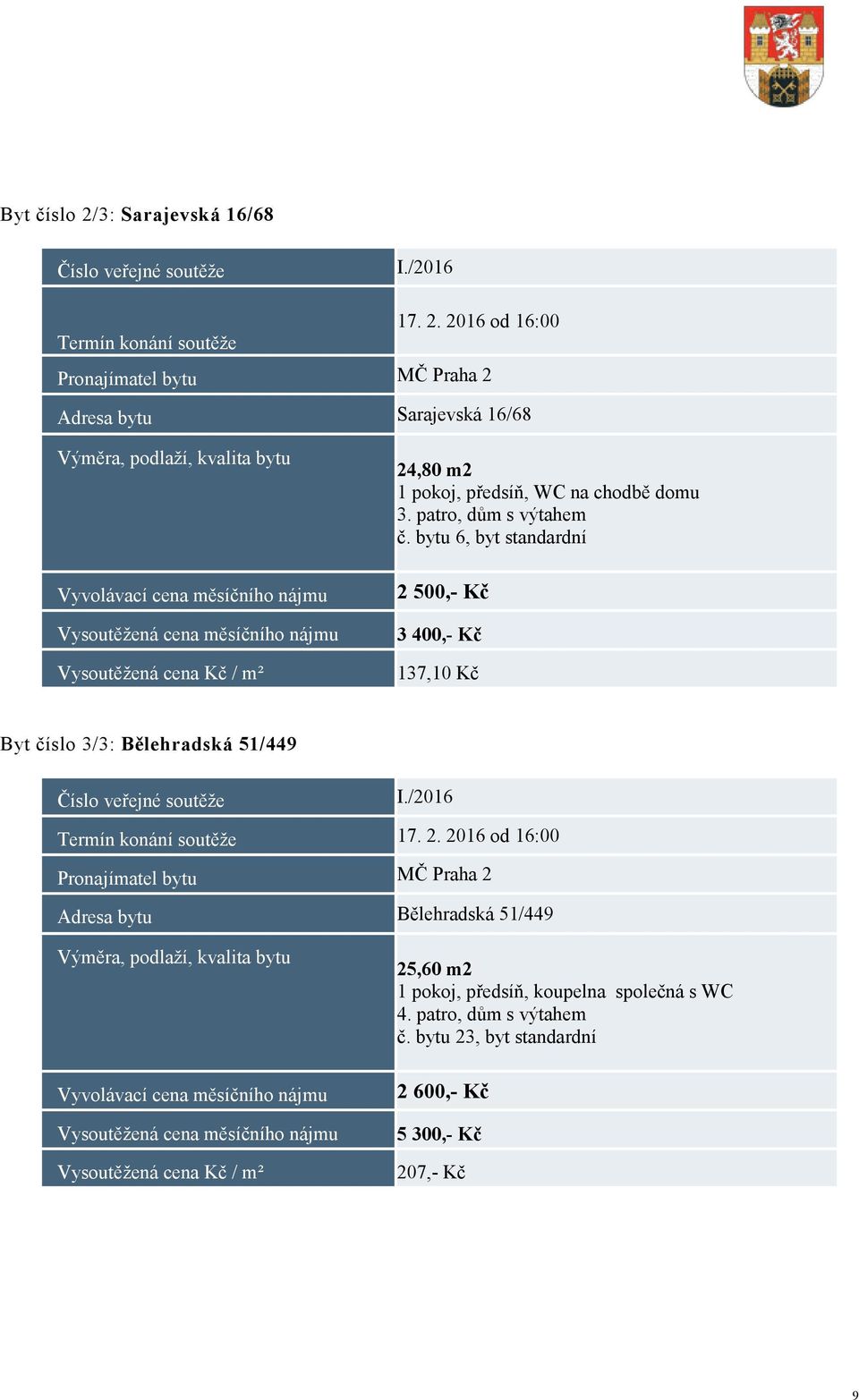 2016 od 16:00 Termín konání soutěže Adresa bytu Sarajevská 16/68 24,80 m2 1 pokoj, předsíň, WC na chodbě