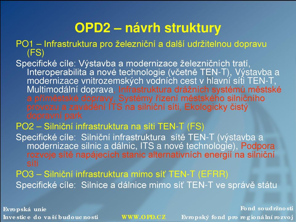 a zavádění ITS na silniční síti, Ekologicky čistý dopravní park PO2 Silniční infrastruktura na síti TEN-T (FS) Specifické cíle: Silniční infrastruktura sítě TEN-T (výstavba a modernizace silnic a