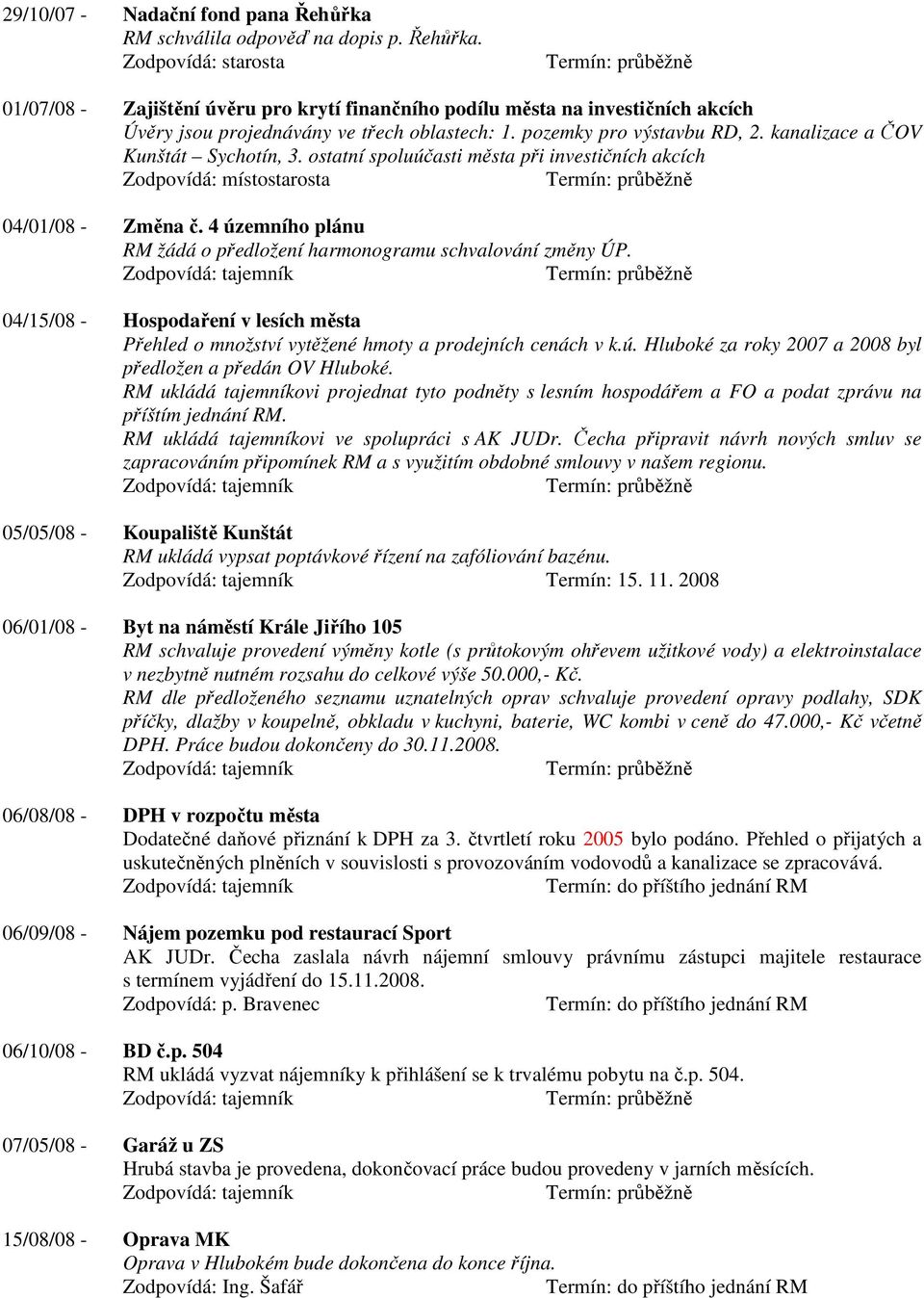 4 územního plánu RM žádá o předložení harmonogramu schvalování změny ÚP. 04/15/08 - Hospodaření v lesích města Přehled o množství vytěžené hmoty a prodejních cenách v k.ú. Hluboké za roky 2007 a 2008 byl předložen a předán OV Hluboké.