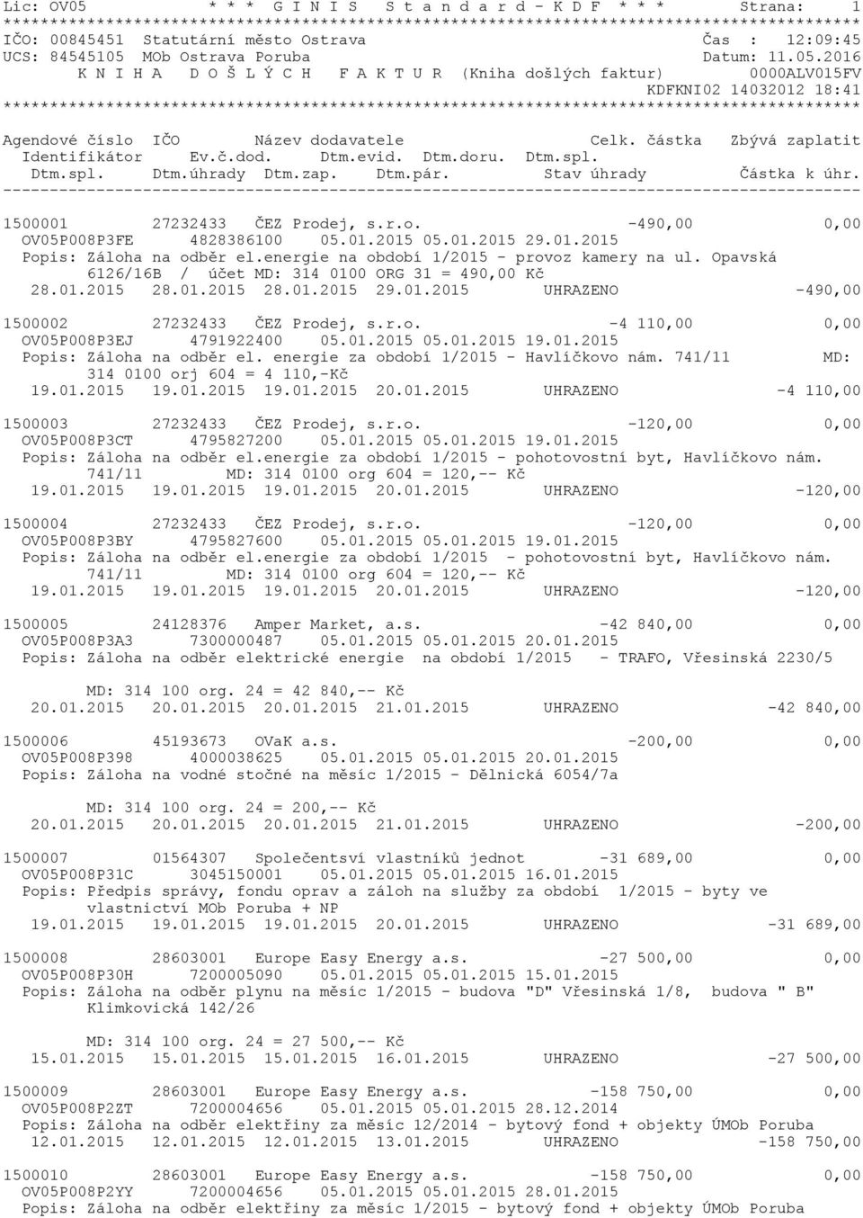 r.o. -4 110,00 0,00 OV05P008P3EJ 4791922400 05.01.2015 05.01.2015 19.01.2015 Popis: Záloha na odběr el. energie za období 1/2015 - Havlíčkovo nám. 741/11 MD: 314 0100 orj 604 = 4 110,-Kč 19.01.2015 19.01.2015 19.01.2015 20.