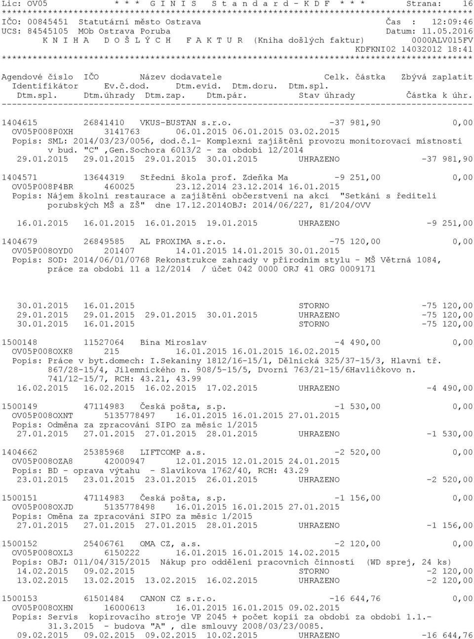 01.2015 UHRAZENO -37 981,90 1404571 13644319 Střední škola prof. Zdeňka Ma -9 251,00 0,00 OV05P008P4BR 460025 23.12.2014 23.12.2014 16.01.2015 Popis: Nájem školní restaurace a zajištění občerstvení na akci "Setkání s řediteli porubských MŠ a ZŠ" dne 17.