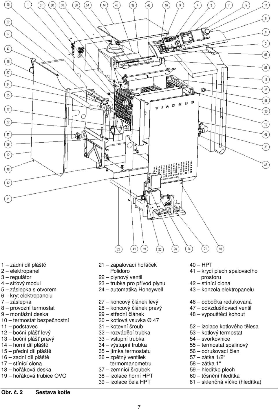 2 Sestava kotle 21 zapalovací hořáček Polidoro 22 plynový ventil 23 trubka pro přívod plynu 24 automatika Honeywell 27 koncový článek levý 28 koncový článek pravý 29 střední článek 30 kotlová vsuvka