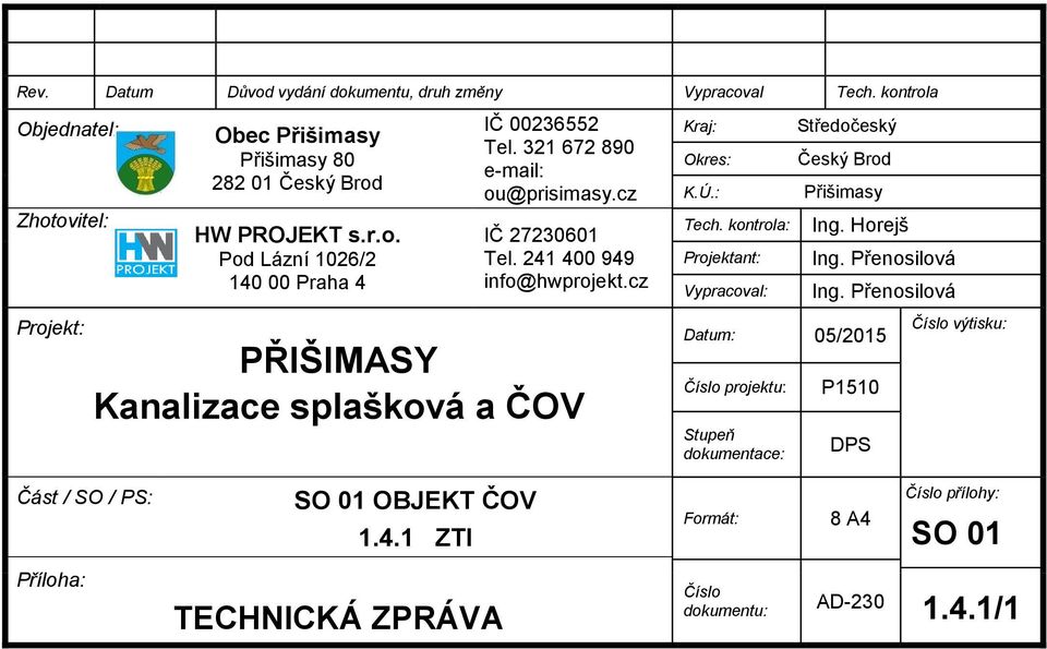 kontrola: Projektant: Vypracoval: Středočeský Český Brod Přišimasy Ing. Horejš Ing. Přenosilová Ing.