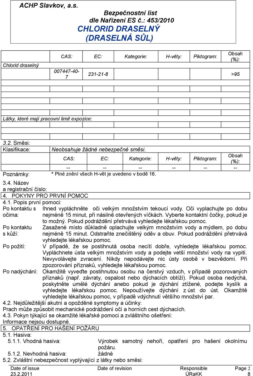 . 3.4. Název a registrační číslo: 4. POKYNY PRO PRVNÍ POMOC 4.1.