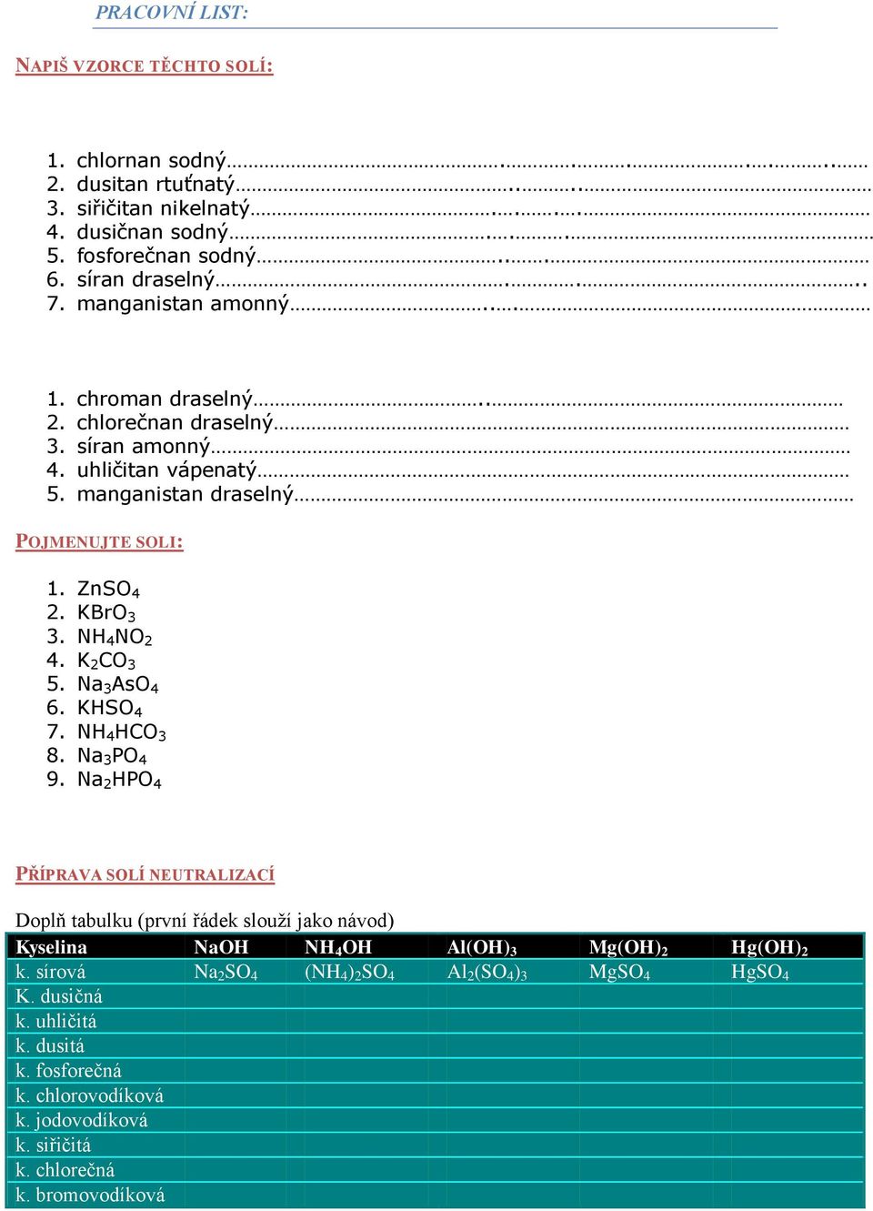 K 2 CO 3 5. Na 3 AsO 4 6. KHSO 4 7. NH 4 HCO 3 8. Na 3 PO 4 9.