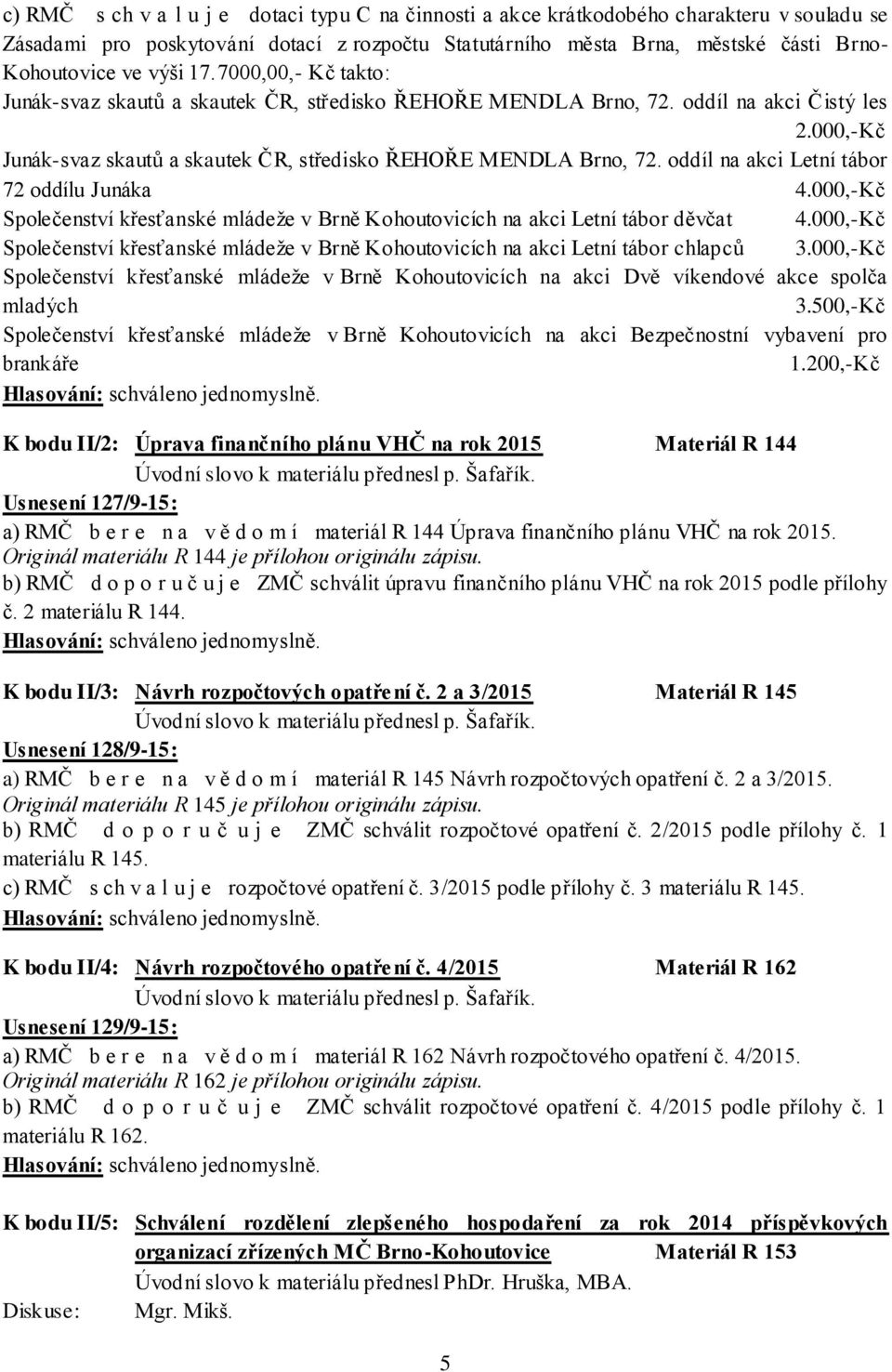 oddíl na akci Letní tábor 72 oddílu Junáka 4.000,-Kč Společenství křesťanské mládeže v Brně Kohoutovicích na akci Letní tábor děvčat 4.