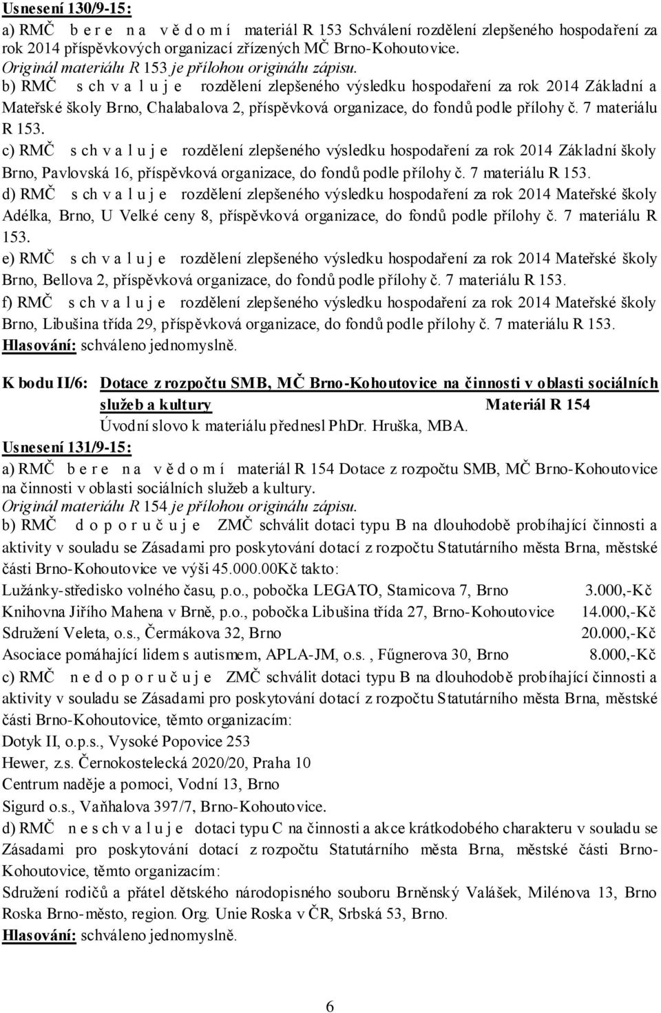 b) RMČ s ch v a l u j e rozdělení zlepšeného výsledku hospodaření za rok 2014 Základní a Mateřské školy Brno, Chalabalova 2, příspěvková organizace, do fondů podle přílohy č. 7 materiálu R 153.