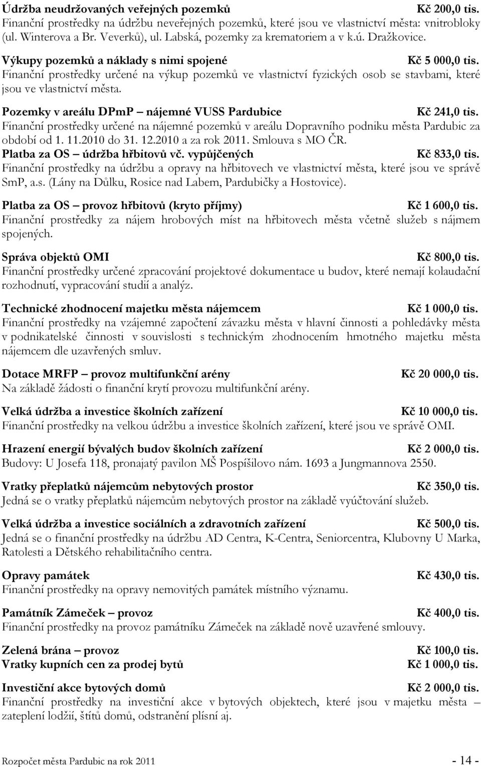 Finanční prostředky určené na výkup pozemků ve vlastnictví fyzických osob se stavbami, které jsou ve vlastnictví města. Pozemky v areálu DPmP nájemné VUSS Pardubice Kč 241,0 tis.