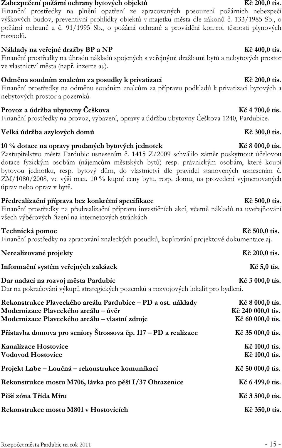 91/1995 Sb., o požární ochraně a provádění kontrol těsnosti plynových rozvodů. Náklady na veřejné dražby BP a NP Kč 400,0 tis.