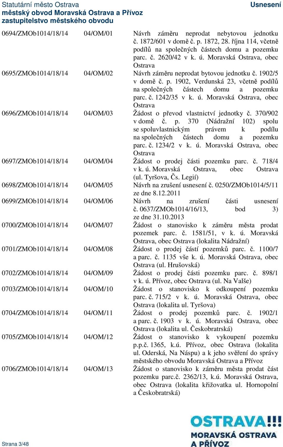 č. 1242/35 v k. ú. Moravská Ostrava, obec Ostrava 0696/ZMOb1014/18/14 04/OM/03 Žádost o převod vlastnictví jednotky č. 370/902 v domě č. p. 370 (Nádražní 102) spolu se spoluvlastnickým právem k podílu na společných částech domu a pozemku parc.