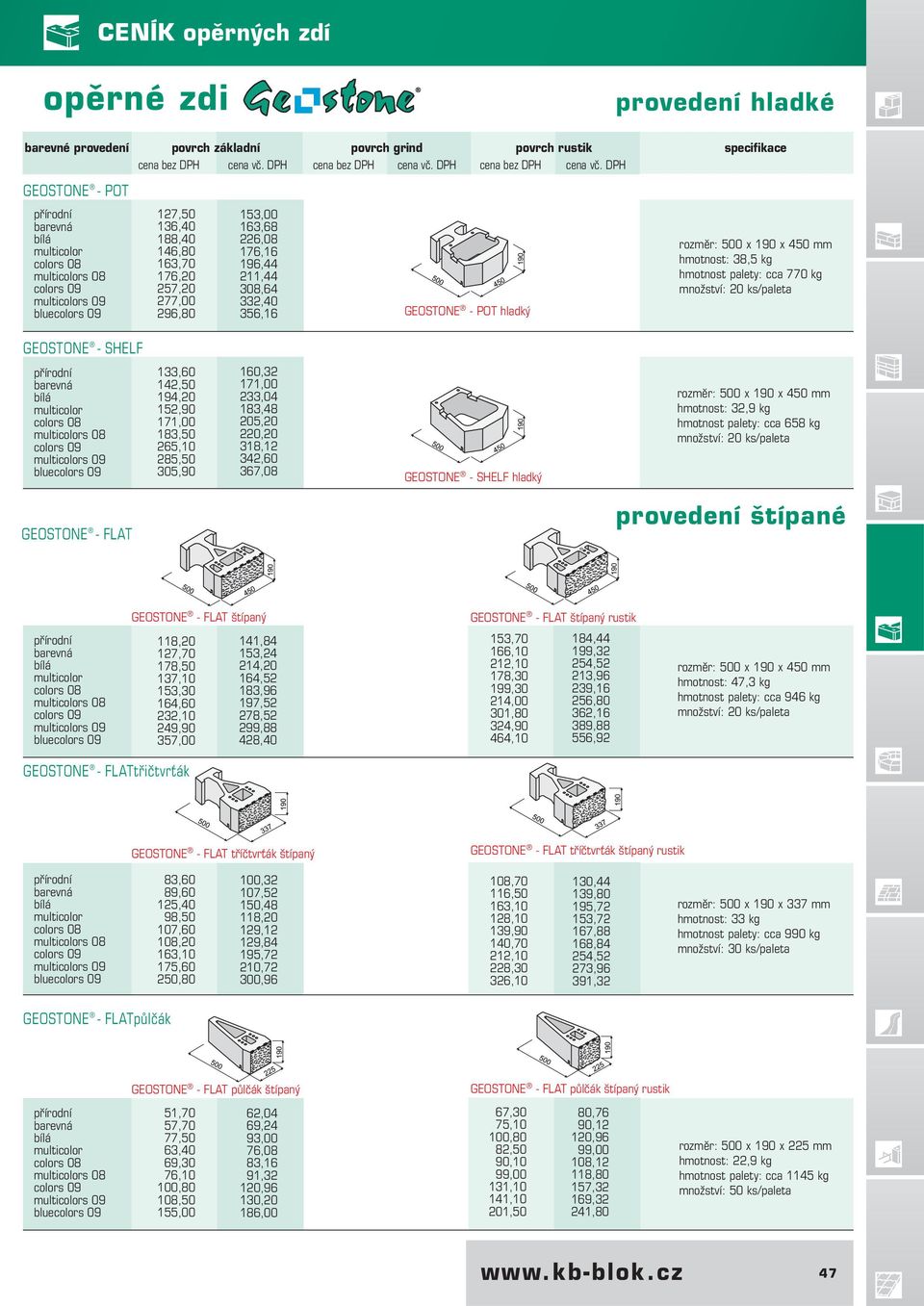 171,00 233,04 183,48 205,20 220,20 318,12 342,60 367,08 GEOSTONE - SHELF hladký rozměr: 500 x 190 x 450 mm hmotnost: 32,9 kg hmotnost palety: cca 658 kg množství: 20 ks/paleta GEOSTONE - FLAT