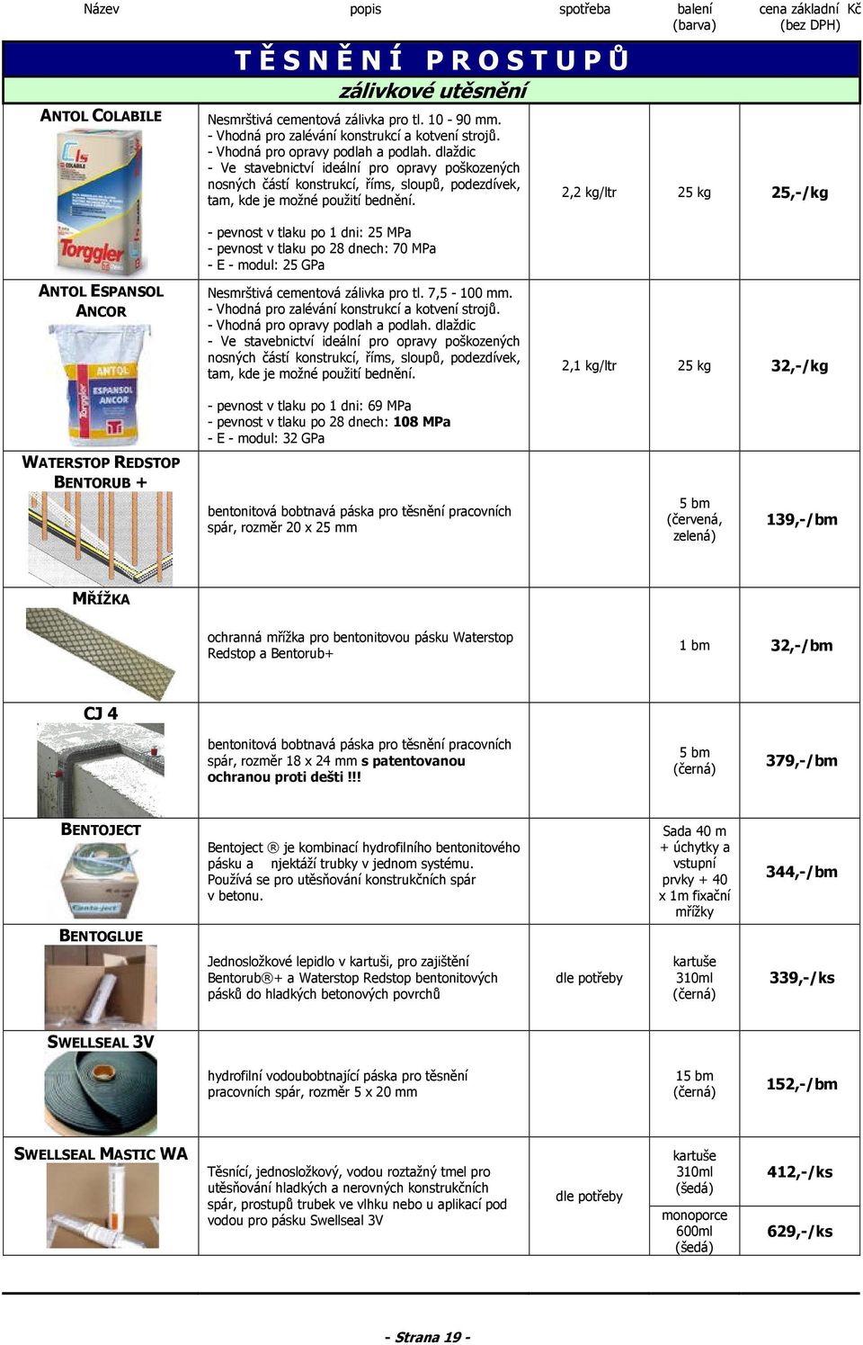 - pevnost v tlaku po 1 dni: 25 MPa - pevnost v tlaku po 28 dnech: 70 MPa - E - modul: 25 GPa 2,2 kg/ltr 25 kg 25,-/kg ANTOL ESPANSOL ANCOR Nesmrštivá cementová zálivka pro tl. 7,5-100 mm.