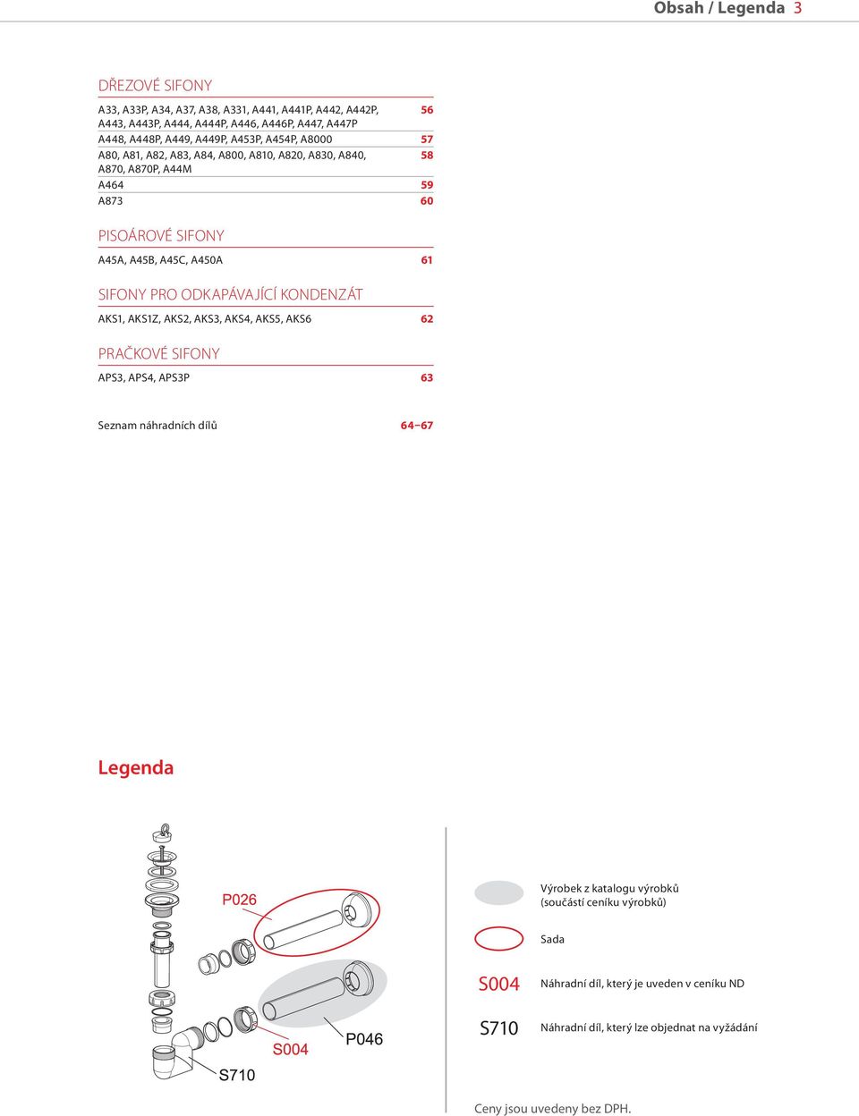 SIFONY PRO ODKAPÁVAJÍCÍ KONDENZÁT AKS1, AKS1Z, AKS2, AKS3, AKS4, AKS5, AKS6 62 PRAČKOVÉ SIFONY APS3, APS4, APS3P 63 Seznam náhradních dílů 64 67 Legenda Výrobek z
