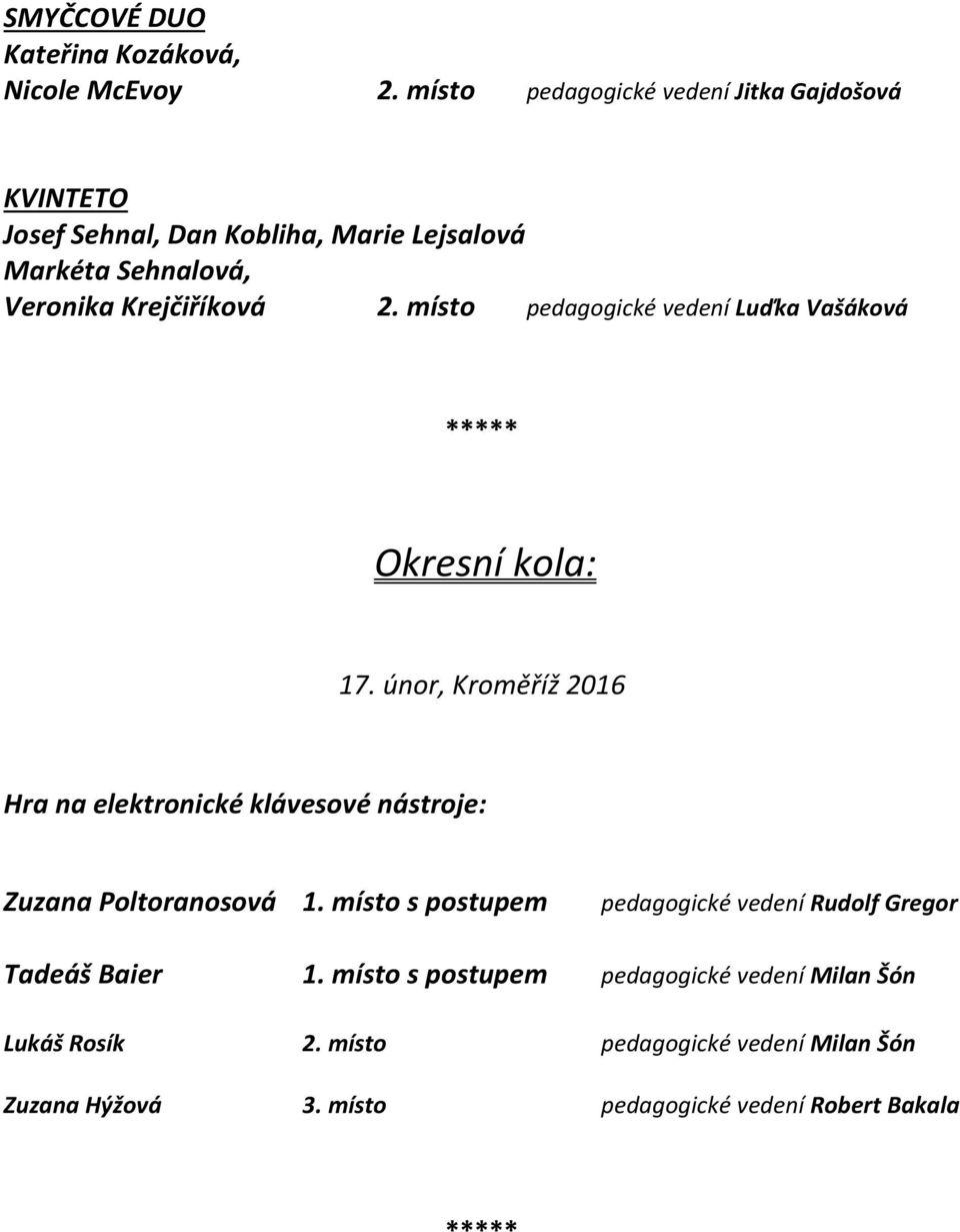 místo pedagogické vedení Luďka Vašáková Okresní kola: 17.