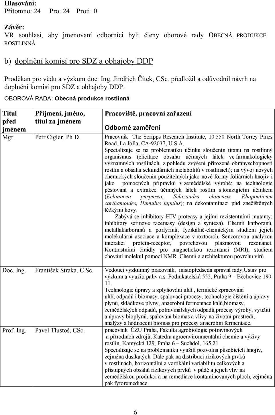 OBOROVÁ RADA: Obecná produkce rostlinná Titul před Příjmení, jméno, titul za Pracoviště, pracovní zařazení Odborné zaměření Mgr. Petr Cígler, Ph.D. Pracovník The Scripps Research Institute, 10 550 North Torrey Pines Road, La Jolla, CA-92037, U.