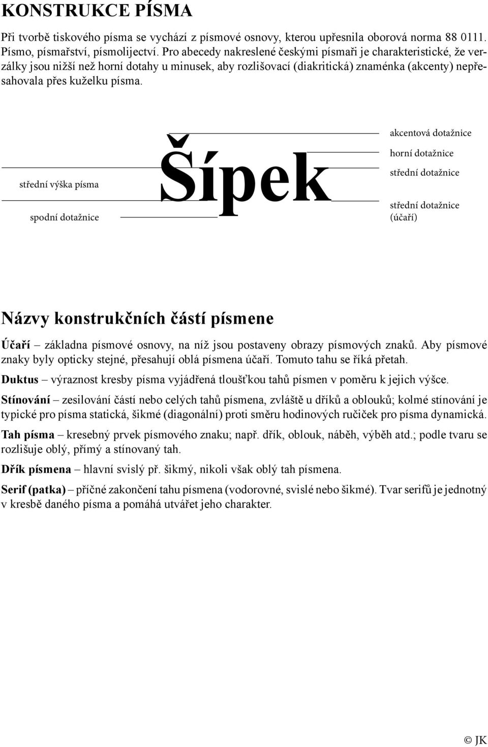 akcentová dotažnice střední výška písma spodní dotažnice Šípek horní dotažnice střední dotažnice střední dotažnice (účaří) Názvy konstrukčních částí písmene Účaří základna písmové osnovy, na níž jsou