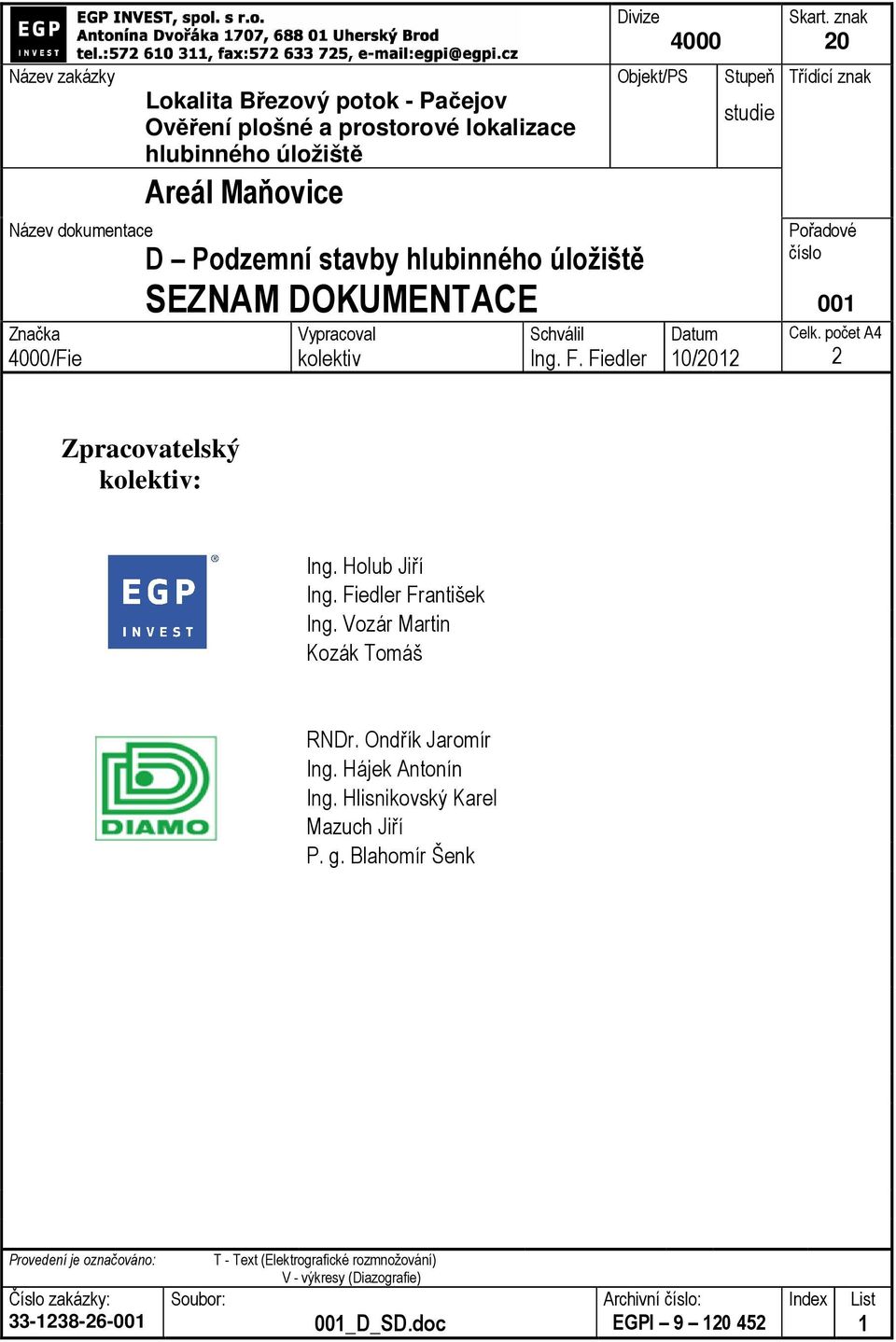 Fiedler Divize 4000 Objekt/PS Datum 10/01 Stupeň studie Skart. znak 0 Třídící znak Pořadové číslo 001 Celk. počet A4 Zpracovatelský kolektiv: Ing.