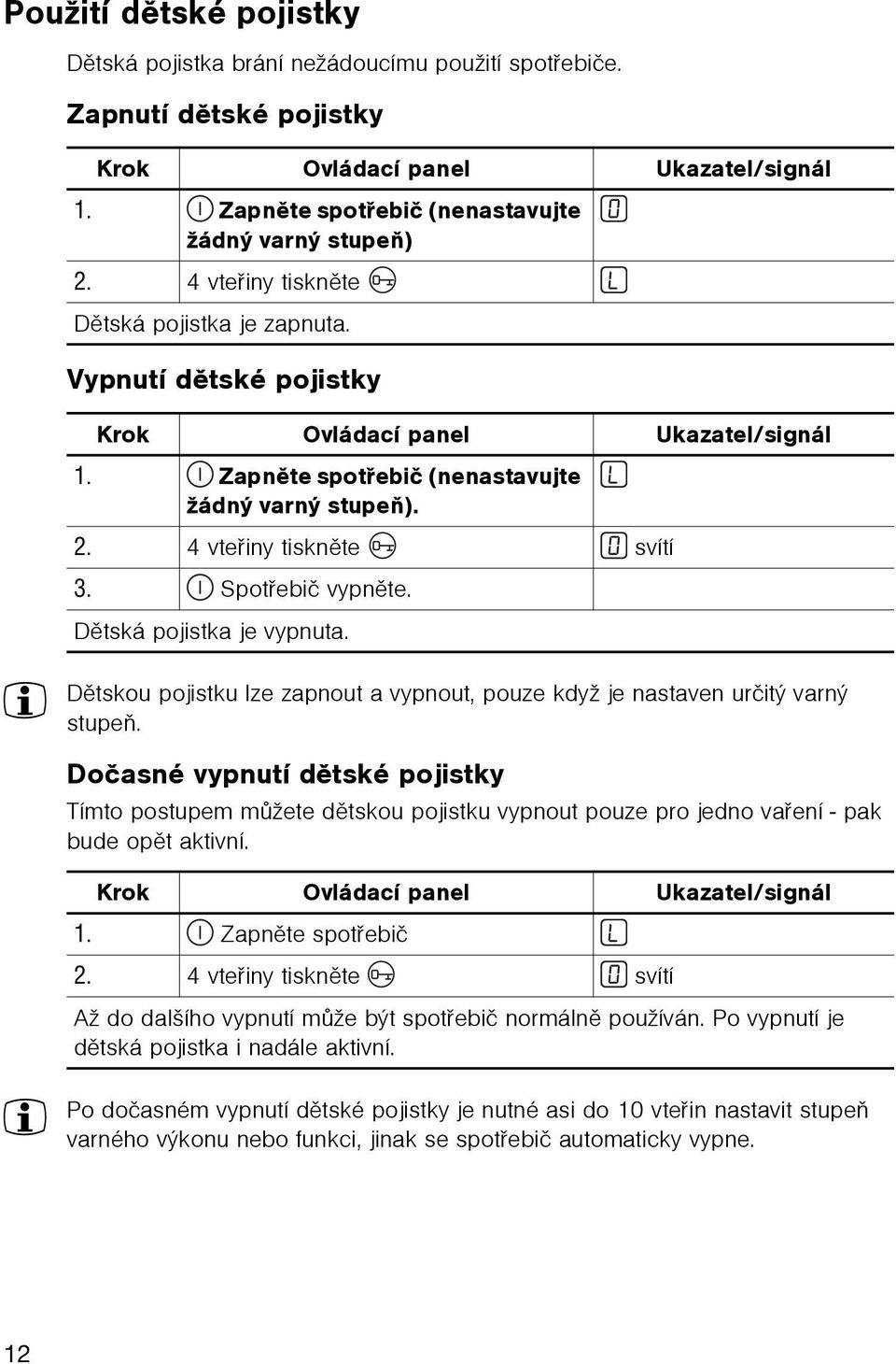 Spotøebiè vypnìte. Dìtská pojistka je vypnuta. 3 Dìtskou pojistku lze zapnout a vypnout, pouze když je nastaven urèitý varný stupeò.