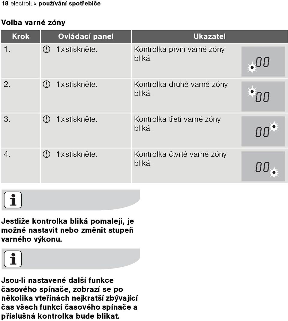 Jestliže kontrolka bliká pomaleji, je možné nastavit nebo zmìnit stupeò varného výkonu.