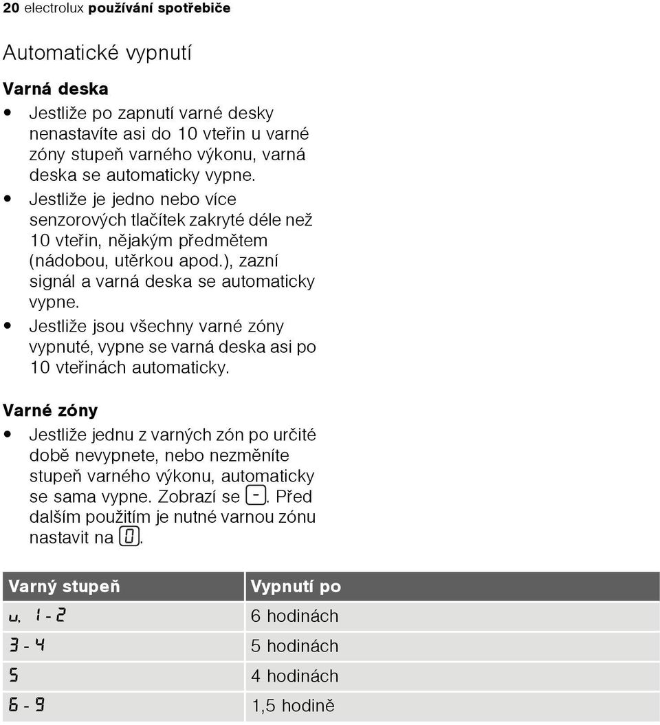 ), zazní signál a varná deska se automaticky vypne. Jestliže jsou všechny varné zóny vypnuté, vypne se varná deska asi po 10 vteøinách automaticky.