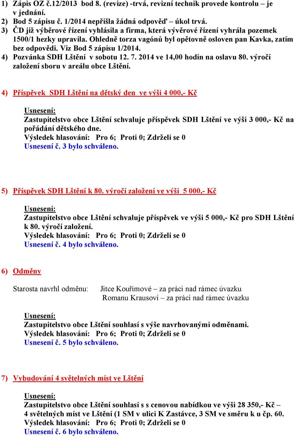 Viz Bod 5 zápisu 1/2014. 4) Pozvánka SDH Lštění v sobotu 12. 7. 2014 ve 14,00 hodin na oslavu 80. výročí založení sboru v areálu obce Lštění.