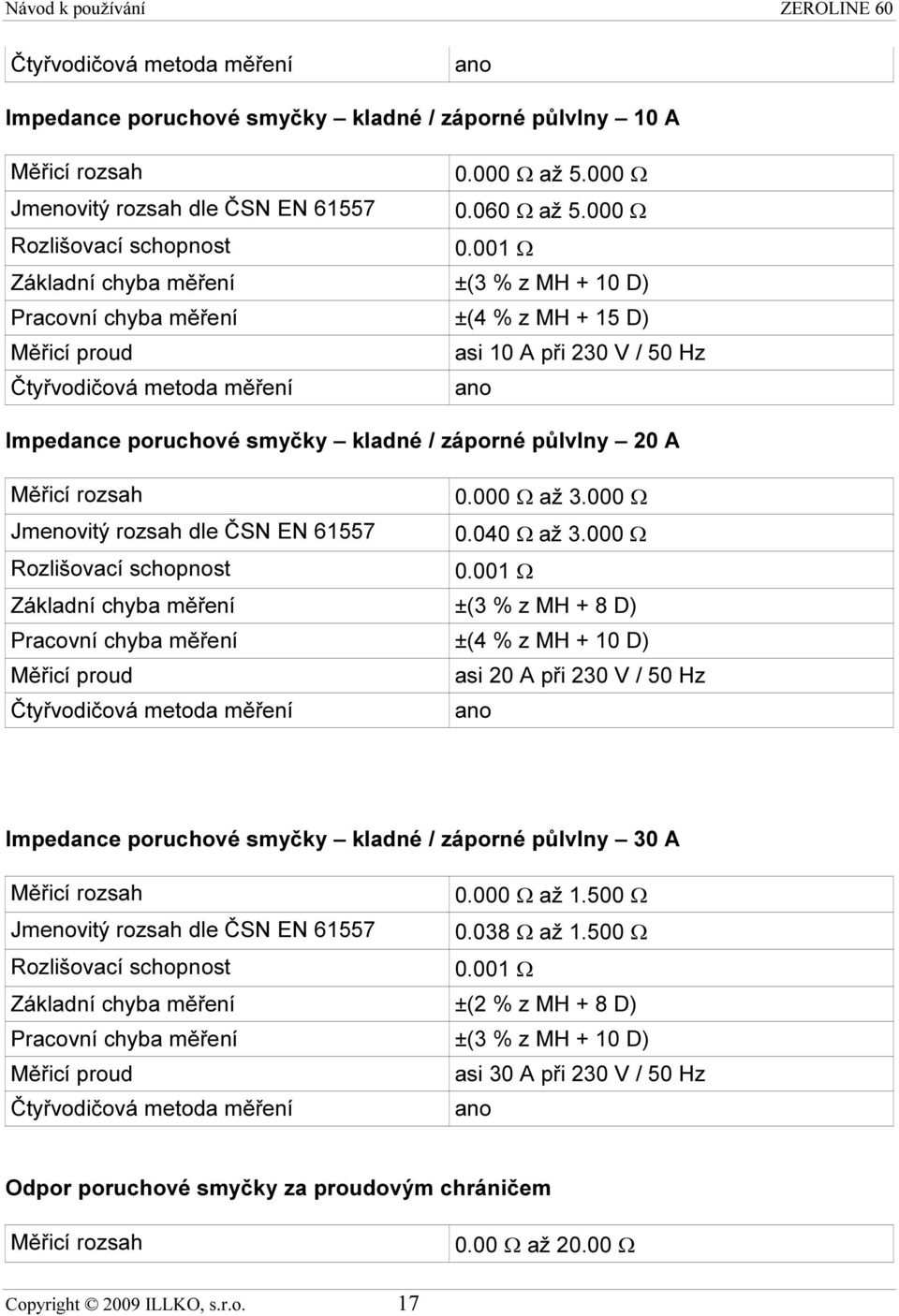 záporné půlvlny 20 A Měřicí rozsah 0.000 Ω až 3.000 Ω Jmenovitý rozsah dle ČSN EN 61557 0.040 Ω až 3.000 Ω Rozlišovací schopnost 0.