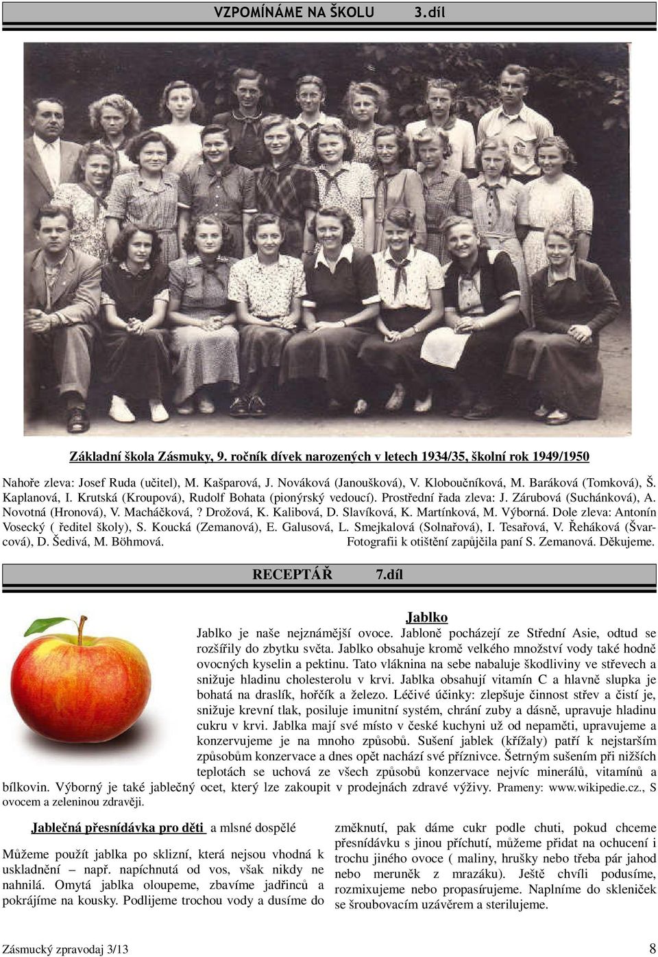 Drožová, K. Kalibová, D. Slavíková, K. Martínková, M. Výborná. Dole zleva: Antonín Vosecký ( ředitel školy), S. Koucká (Zemanová), E. Galusová, L. Smejkalová (Solnařová), I. Tesařová, V.