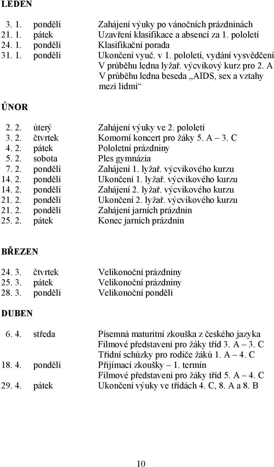 . čtvrtek Komorní koncert pro žáky 5. A 3. C 4.. pátek Pololetní prázdniny 5.. sobota Ples gymnázia 7.. pondělí Zahájení 1. lyžař. výcvikového kurzu 14.. pondělí Ukončení 1. lyžař. výcvikového kurzu 14.. pondělí Zahájení. lyžař. výcvikového kurzu 1.. pondělí Ukončení. lyžař. výcvikového kurzu 1.. pondělí Zahájení jarních prázdnin 5.