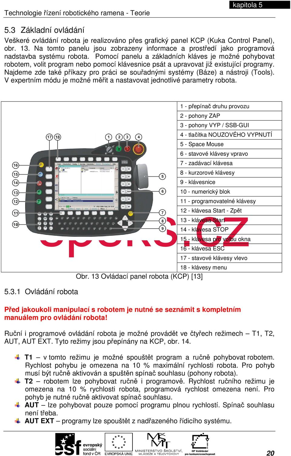 Pomocí panelu a základních kláves je možné pohybovat robotem, volit program nebo pomocí klávesnice psát a upravovat již existující programy.
