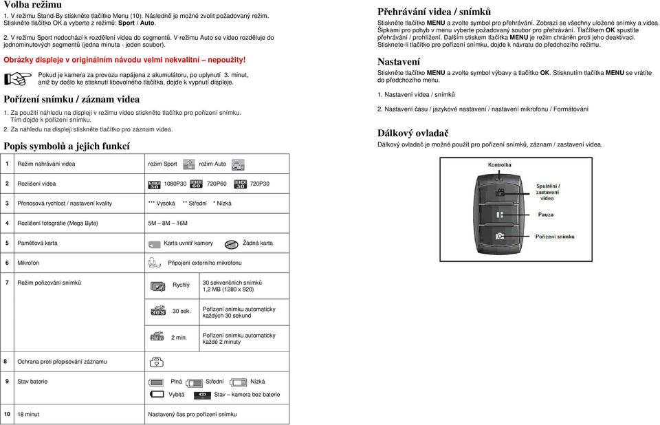 Obrázky displeje v originálním návodu velmi nekvalitní nepoužity! Pokud je kamera za provozu napájena z akumulátoru, po uplynutí 3.