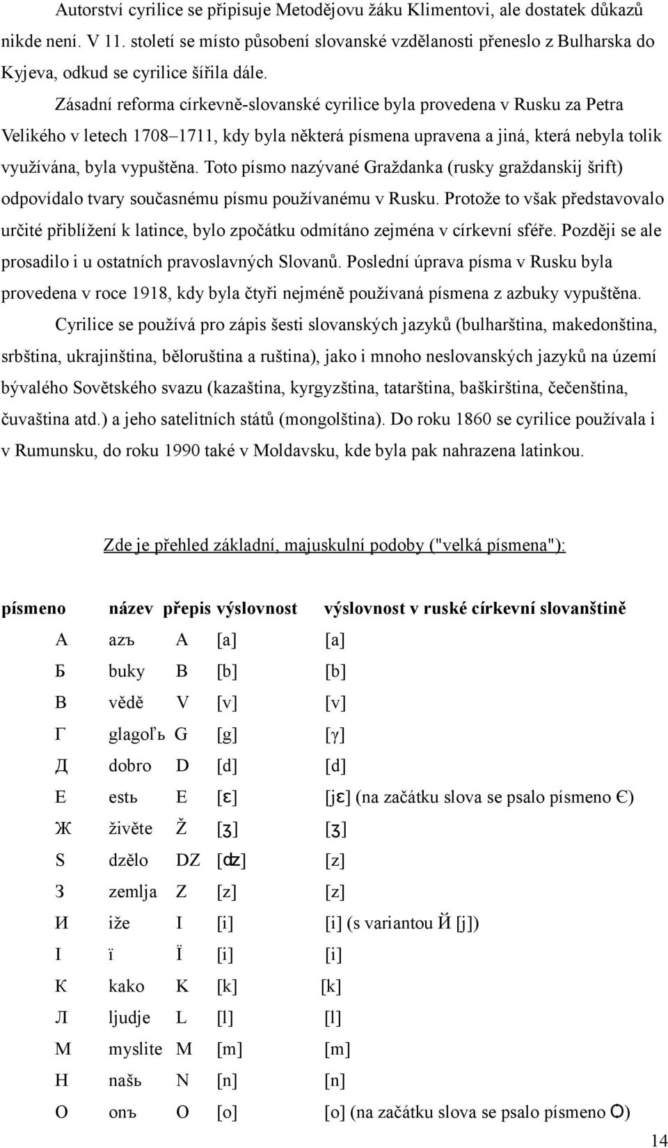 Zásadní reforma církevně-slovanské cyrilice byla provedena v Rusku za Petra Velikého v letech 1708 1711, kdy byla některá písmena upravena a jiná, která nebyla tolik využívána, byla vypuštěna.