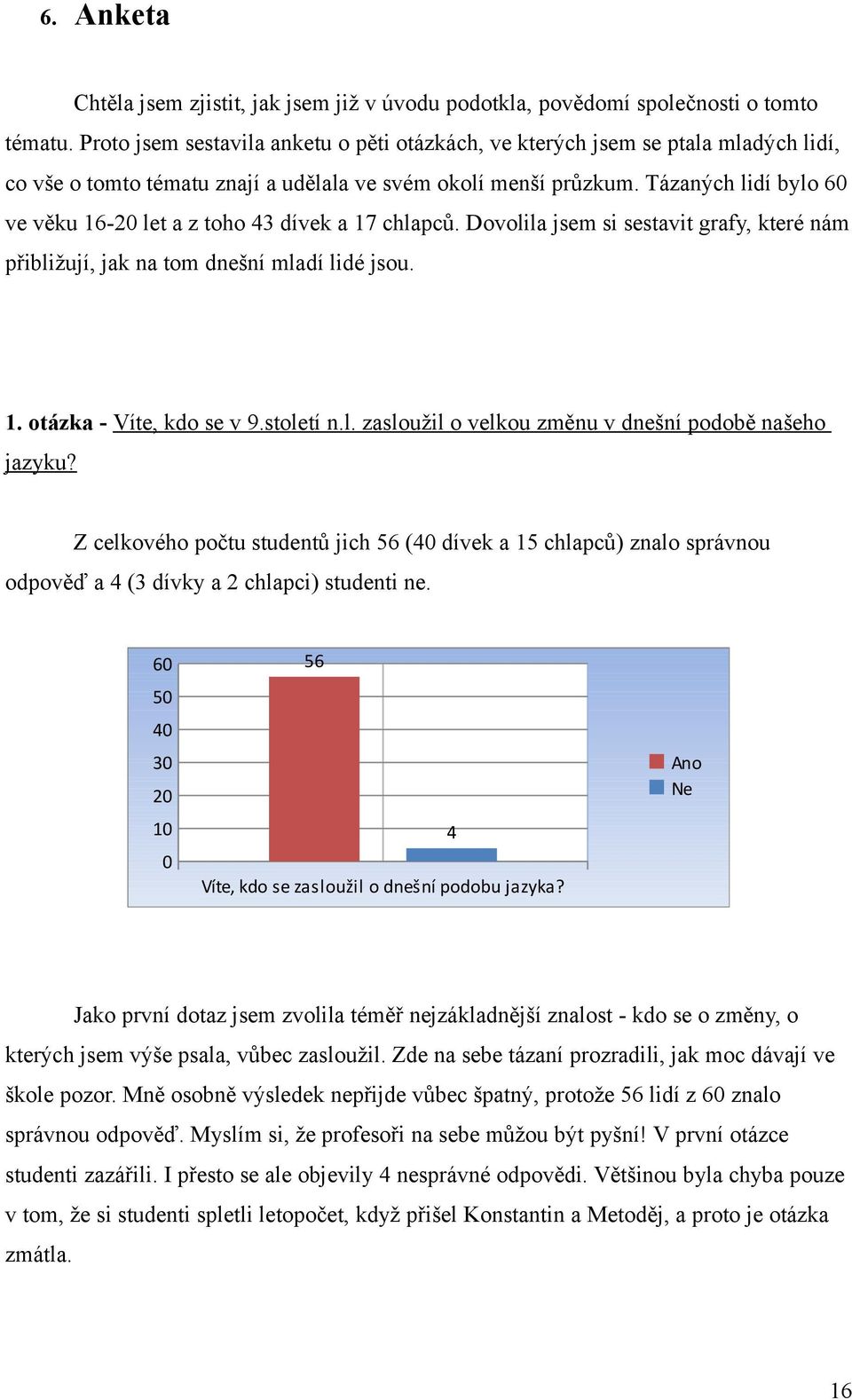 Tázaných lidí bylo 60 ve věku 16-20 let a z toho 43 dívek a 17 chlapců. Dovolila jsem si sestavit grafy, které nám přibližují, jak na tom dnešní mladí lidé jsou. 1. otázka - Víte, kdo se v 9.