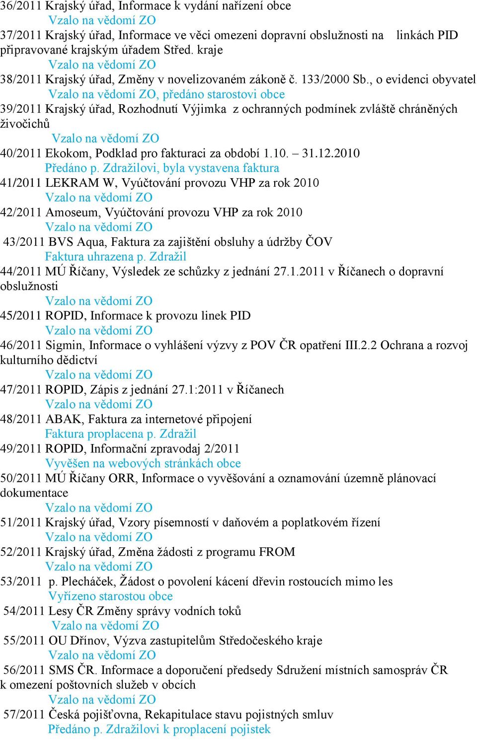 , o evidenci obyvatel, předáno starostovi obce 39/2011 Krajský úřad, Rozhodnutí Výjimka z ochranných podmínek zvláště chráněných ţivočichů 40/2011 Ekokom, Podklad pro fakturaci za období 1.10. 31.12.