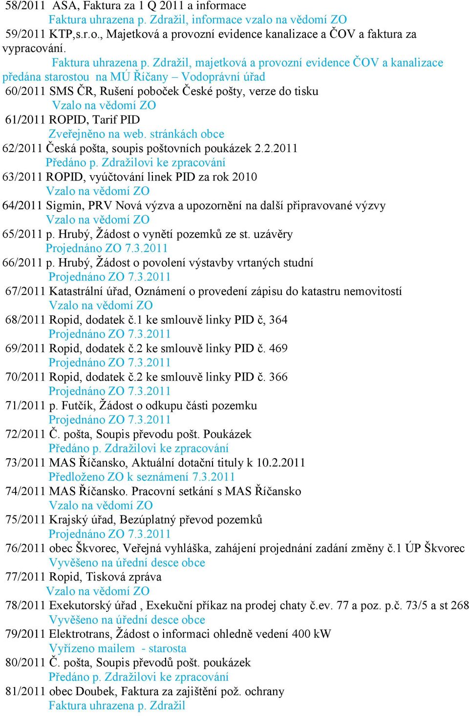 Zdraţil, majetková a provozní evidence ČOV a kanalizace předána starostou na MÚ Říčany Vodoprávní úřad 60/2011 SMS ČR, Rušení poboček České pošty, verze do tisku 61/2011 ROPID, Tarif PID Zveřejněno