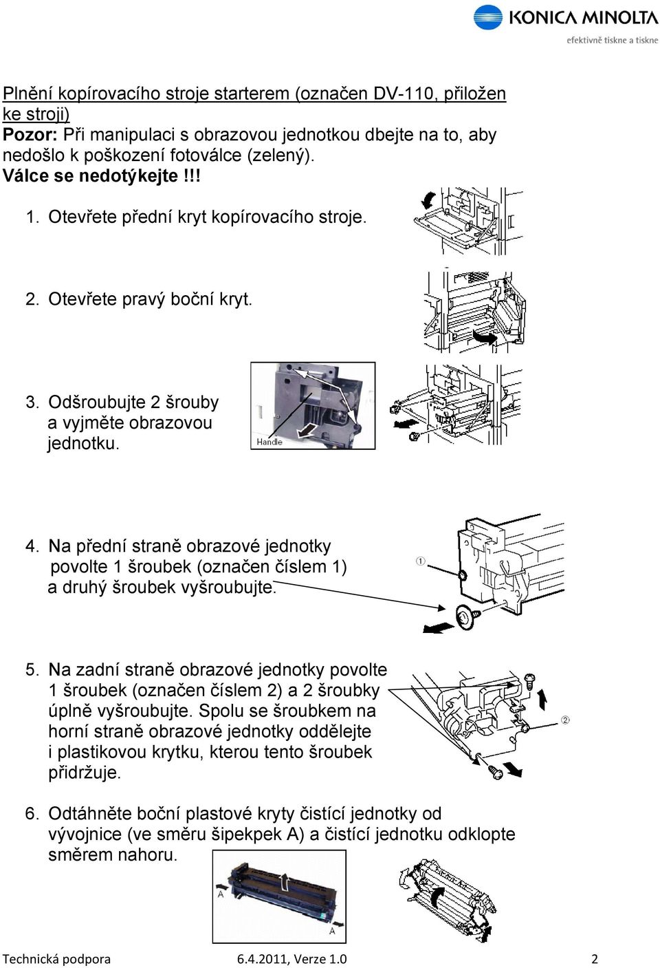 Na přední straně obrazové jednotky povolte 1 šroubek (označen číslem 1) a druhý šroubek vyšroubujte. 5.