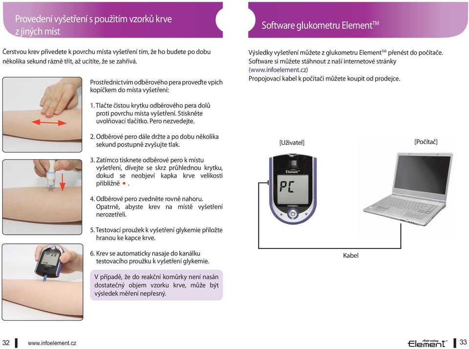 Prostřednictvím odběrového pera proveďte vpich kopíčkem do místa vyšetření: Software glukometru Element TM Výsledky vyšetření můžete z glukometru Element TM přenést do počítače.