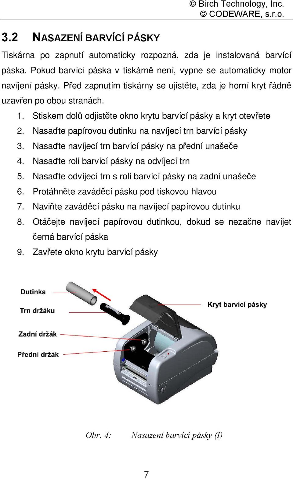 Stiskem dolů odjistěte okno krytu barvící pásky a kryt otevřete 2. Nasaďte papírovou dutinku na navíjecí trn barvící pásky 3. Nasaďte navíjecí trn barvící pásky na přední unašeče 4.