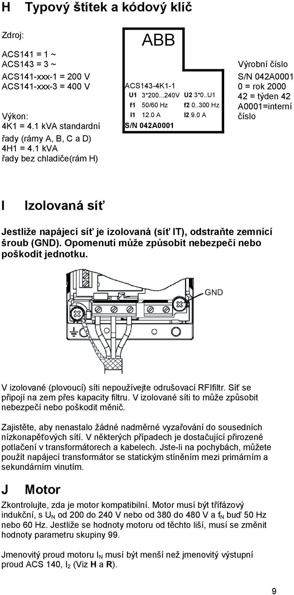 1 kva řady bez chladiče(rám H) I Izolovaná síť Jestliže napájecí síť je izolovaná (síť IT), odstraňte zemnící šroub (GND). Opomenutí může způsobit nebezpečí nebo poškodit jednotku.