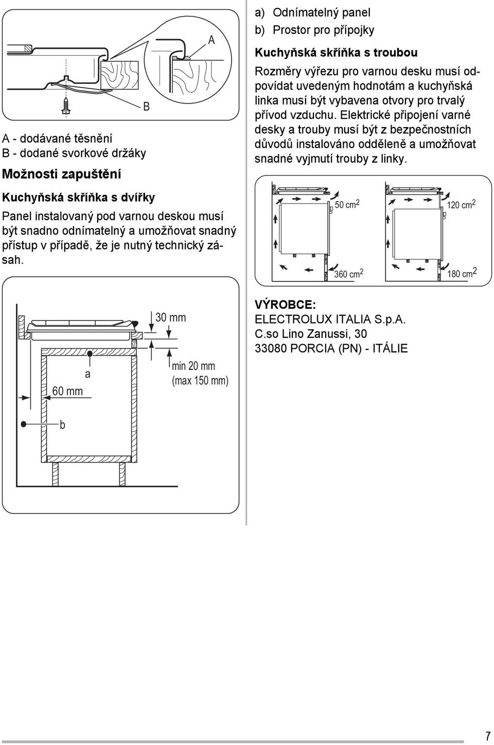 A a) Odnímatelný panel b) Prostor pro přípojky Kuchyňská skříňka s troubou Rozměry výřezu pro varnou desku musí odpovídat uvedeným hodnotám a kuchyňská linka musí být vybavena otvory