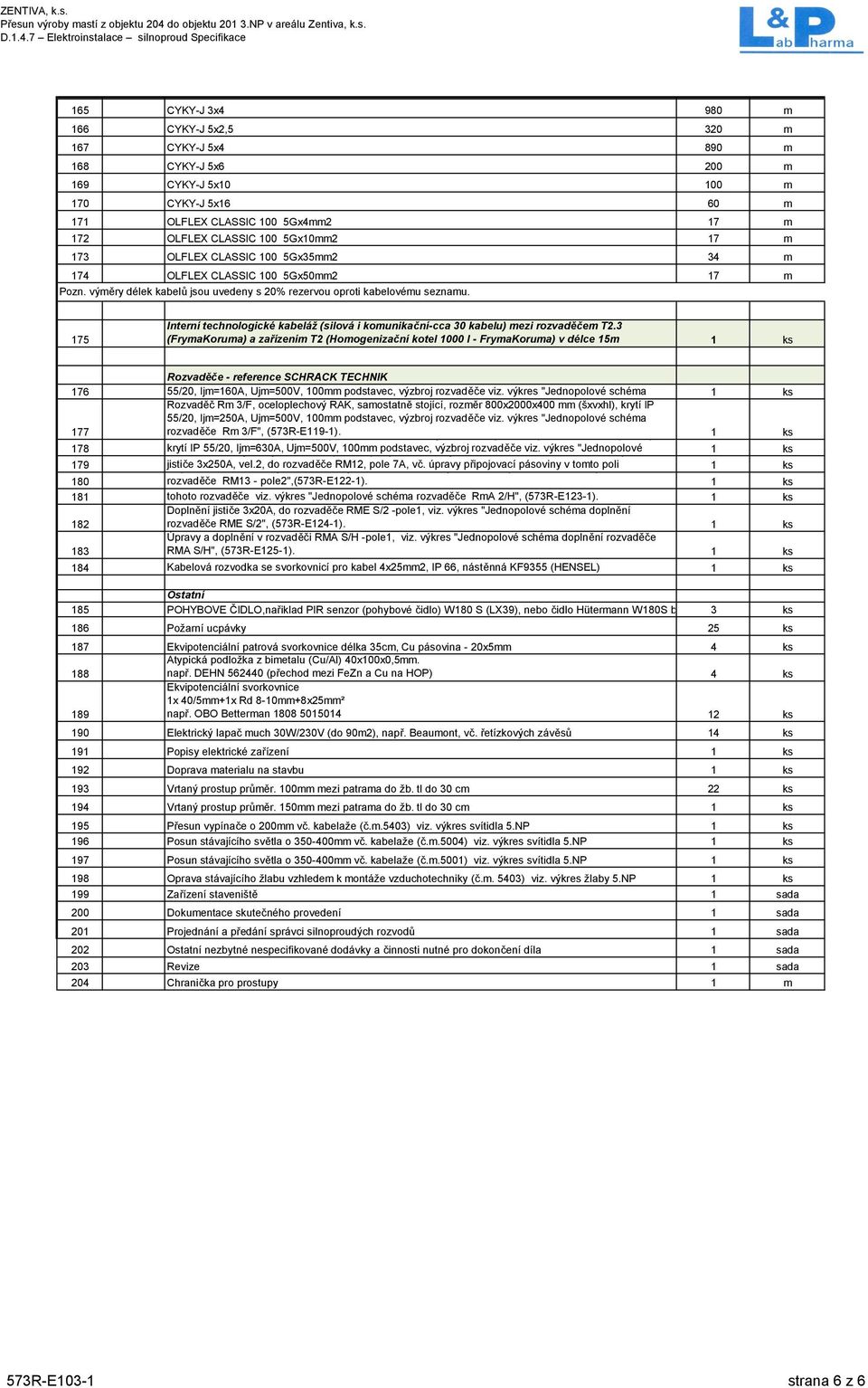 175 Interní technologické kabeláž (silová i komunikační-cca 30 kabelu) mezi rozvaděčem T2.