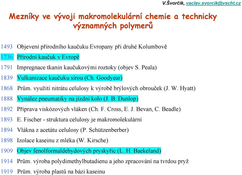 Hyatt) 1888 Vynález pneumatiky na jízdní kolo (J. B. Dunlop) 1892 Příprava viskózových vláken (Ch. F. Cross, E. J. Bevan, C. Beadle) 1893 E.