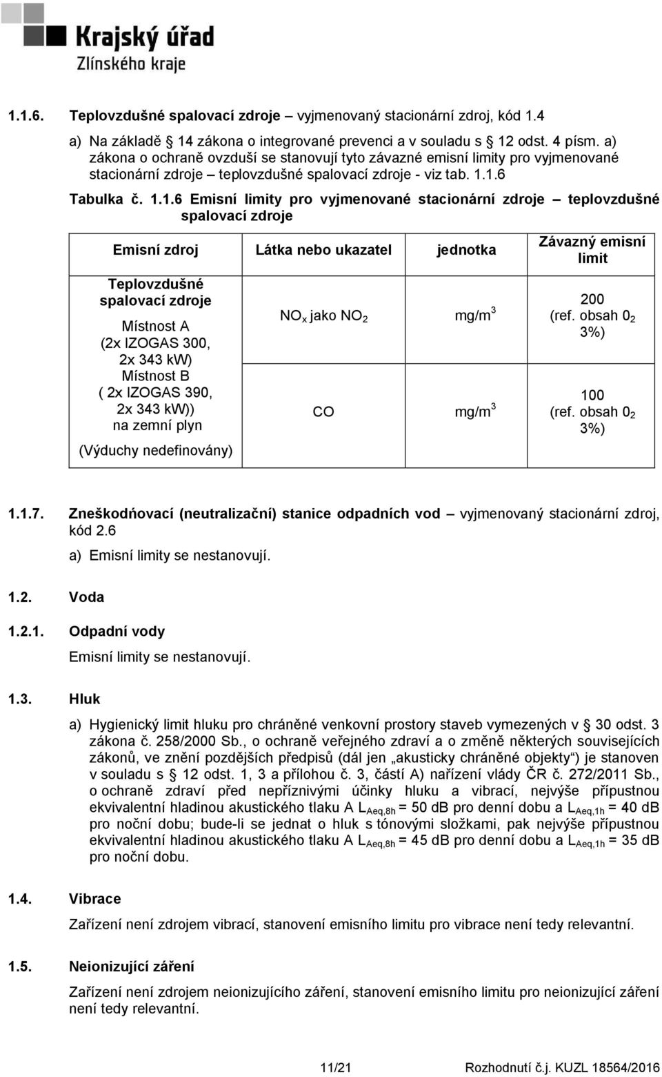 1.6 Tabulka č. 1.1.6 Emisní limity pro vyjmenované stacionární zdroje teplovzdušné spalovací zdroje Emisní zdroj Látka nebo ukazatel jednotka Teplovzdušné spalovací zdroje Místnost A (2x IZOGAS 300,