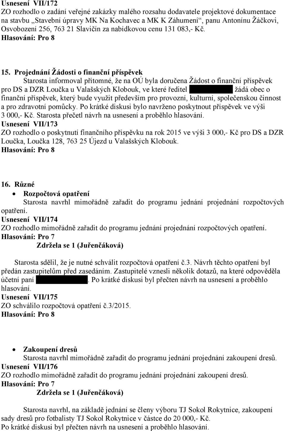 Projednání Žádosti o finanční příspěvek Starosta informoval přítomné, že na OÚ byla doručena Žádost o finanční příspěvek pro DS a DZR Loučka u Valašských Klobouk, ve které ředitel Dalibor Maniš žádá