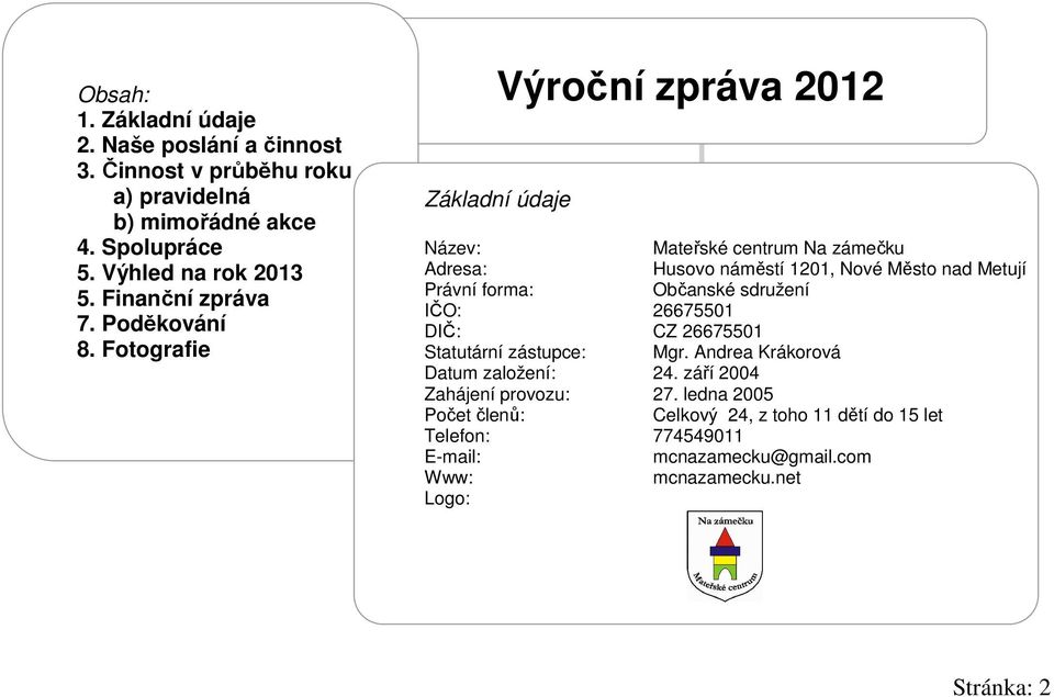 Fotografie Výroční zpráva 2012 Základní údaje Název: Mateřské centrum Na zámečku Adresa: Husovo náměstí 1201, Nové Město nad Metují Právní forma: Občanské