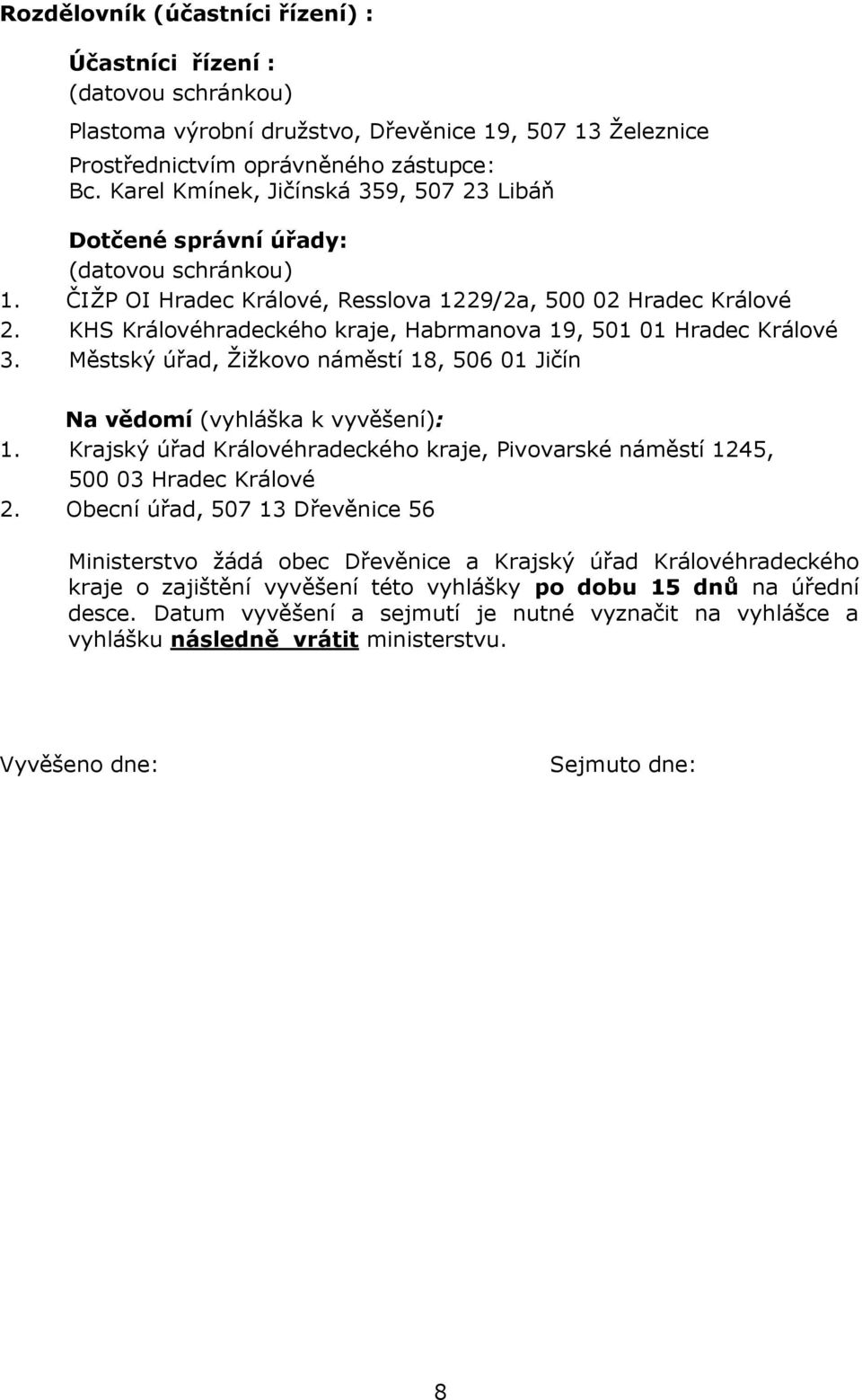 KHS Královéhradeckého kraje, Habrmanova 19, 501 01 Hradec Králové 3. Městský úřad, Žižkovo náměstí 18, 506 01 Jičín Na vědomí (vyhláška k vyvěšení): 1.