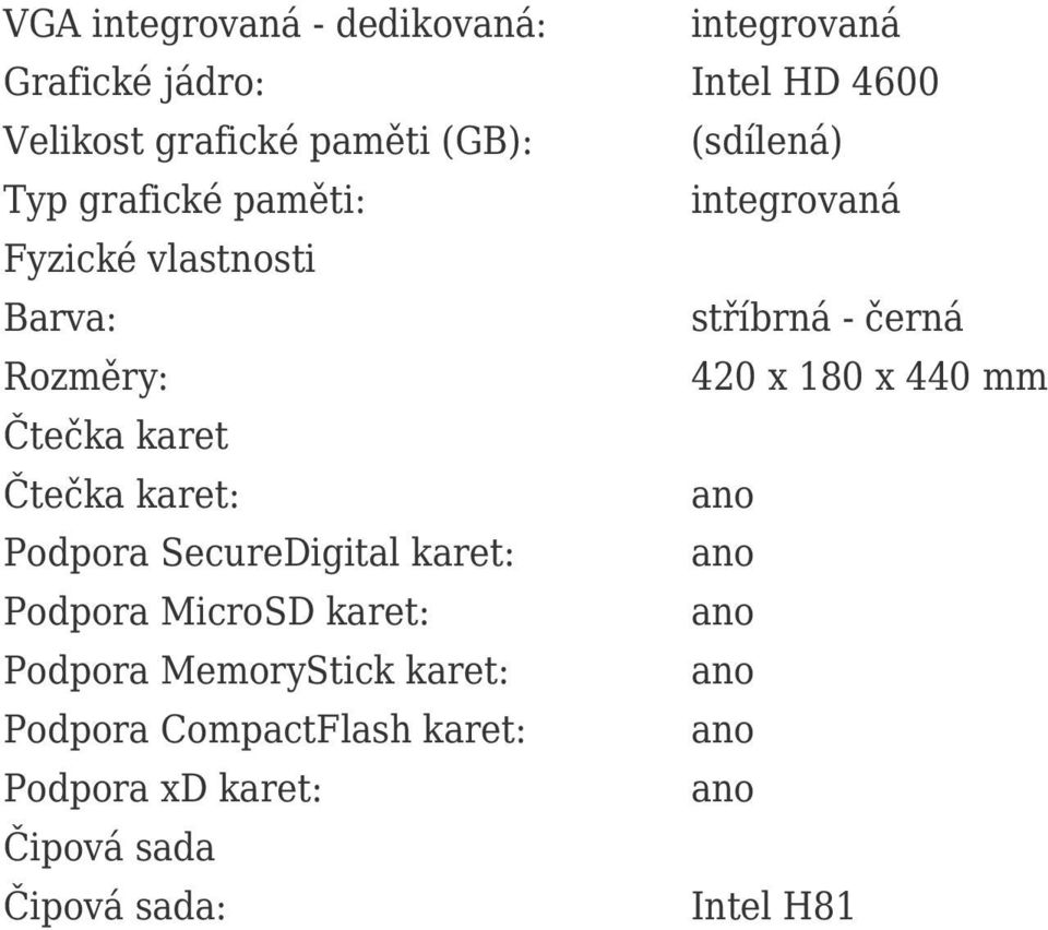 420 x 180 x 440 mm Čtečka karet Čtečka karet: Podpora SecureDigital karet: Podpora MicroSD karet: