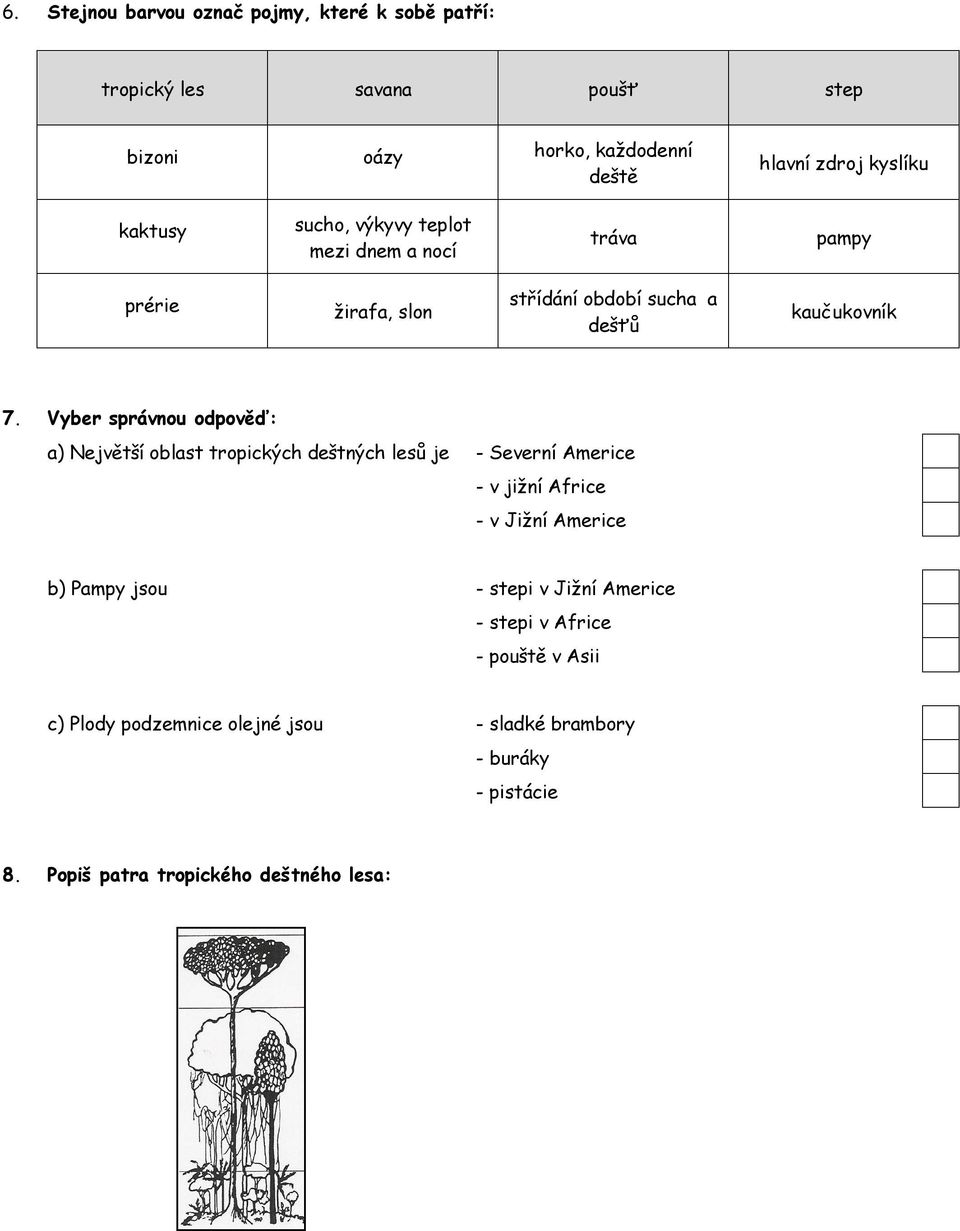 Vyber správnou odpověď: a) Největší oblast tropických deštných lesů je - Severní Americe - v jižní Africe - v Jižní Americe b) Pampy jsou -