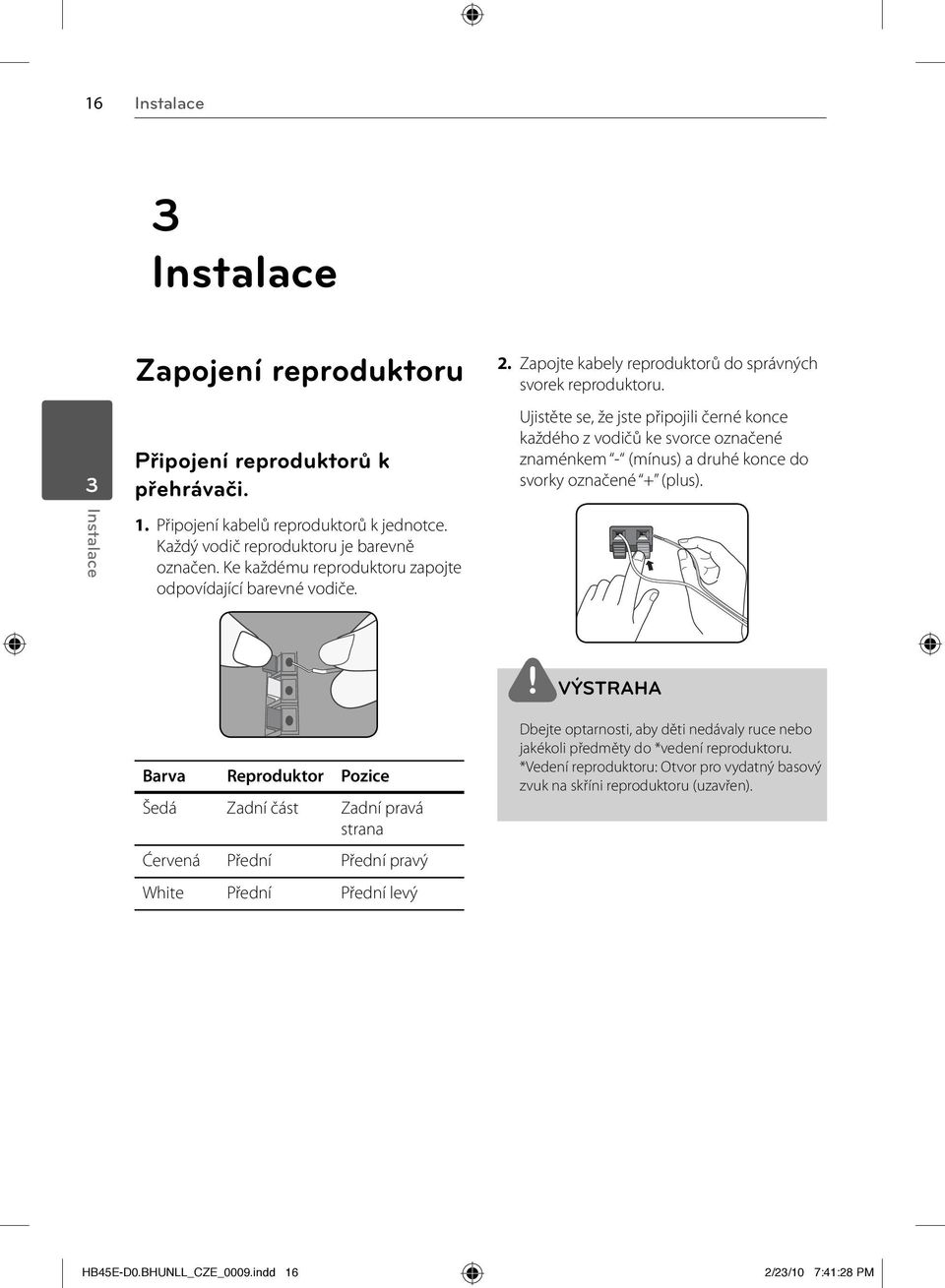 Ujistěte se, že jste připojili černé konce každého z vodičů ke svorce označené znaménkem - (mínus) a druhé konce do svorky označené + (plus).