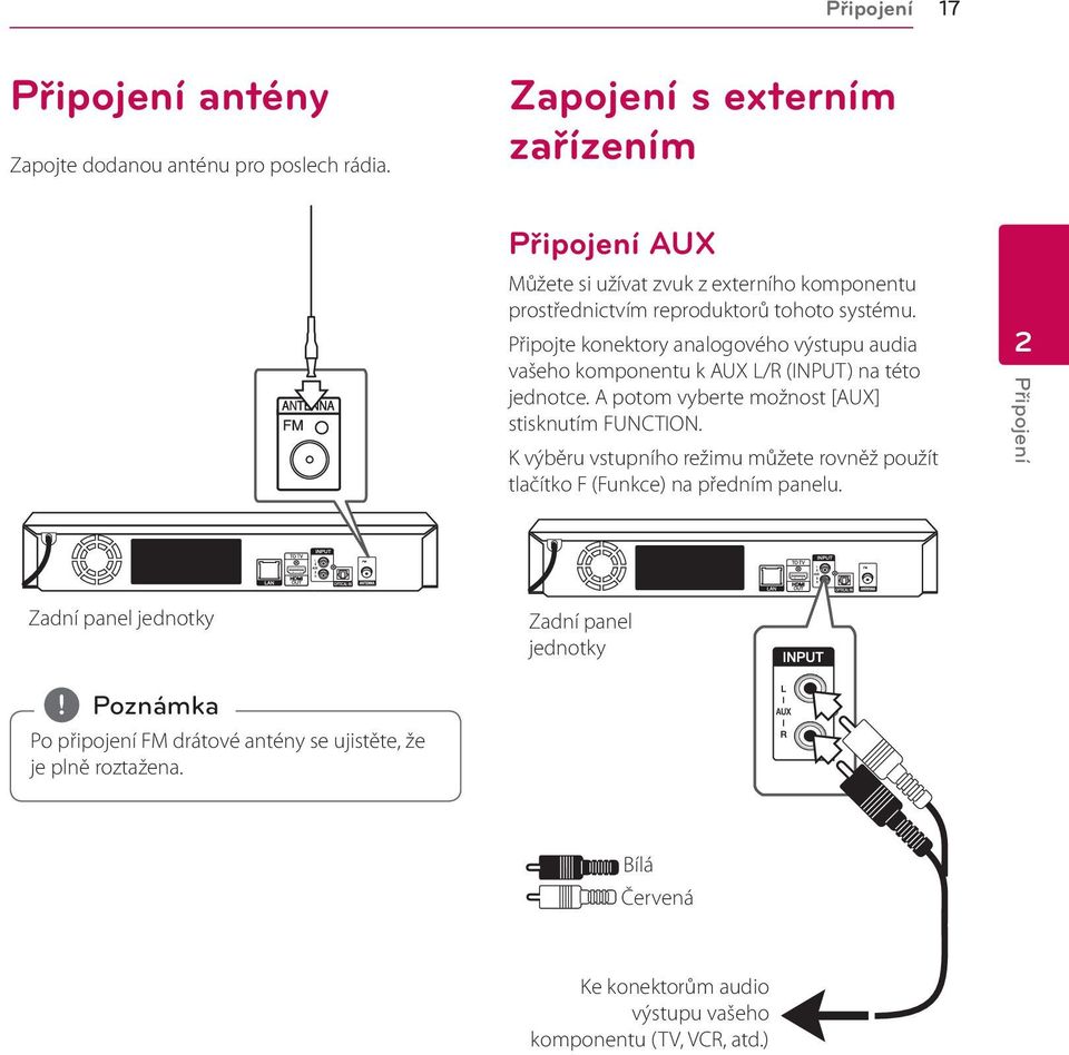 Připojte konektory analogového výstupu audia vašeho komponentu k AUX L/R (INPUT) na této jednotce. A potom vyberte možnost [AUX] stisknutím FUNCTION.