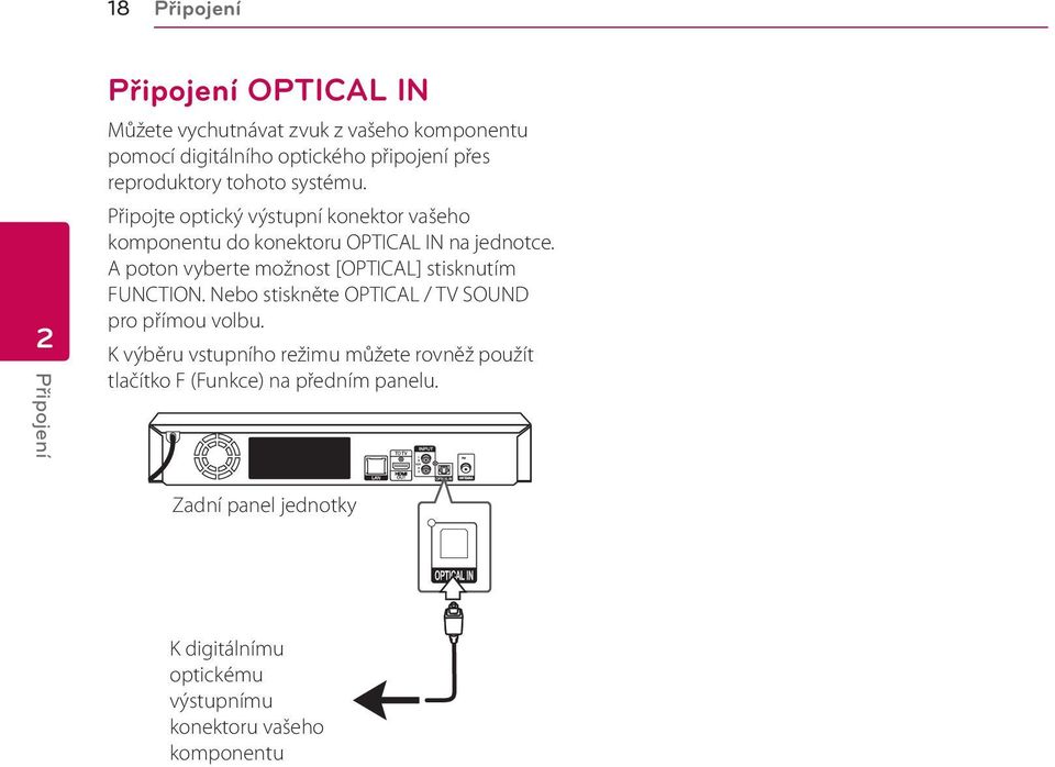 A poton vyberte možnost [OPTICAL] stisknutím FUNCTION. Nebo stiskněte OPTICAL / TV SOUND pro přímou volbu.